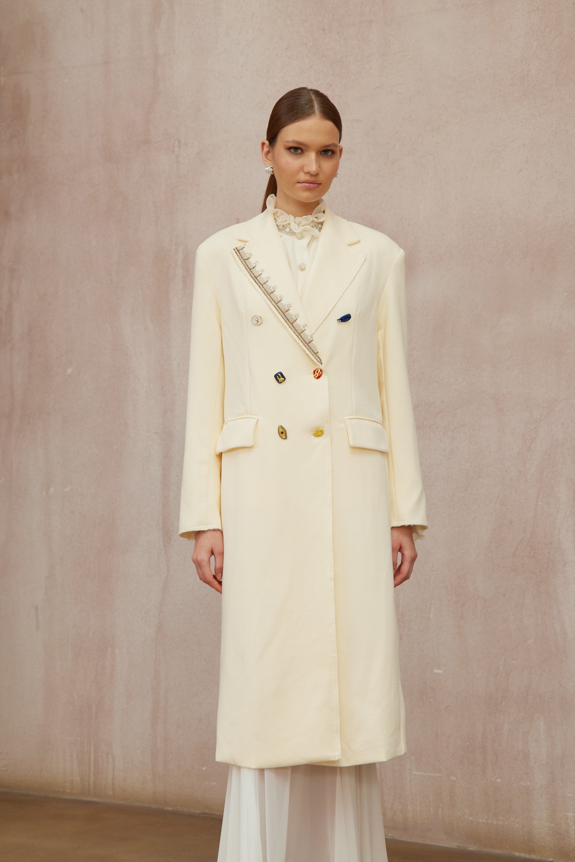 Alexa White Embroidered Double-Breasted Overcoat - ivory