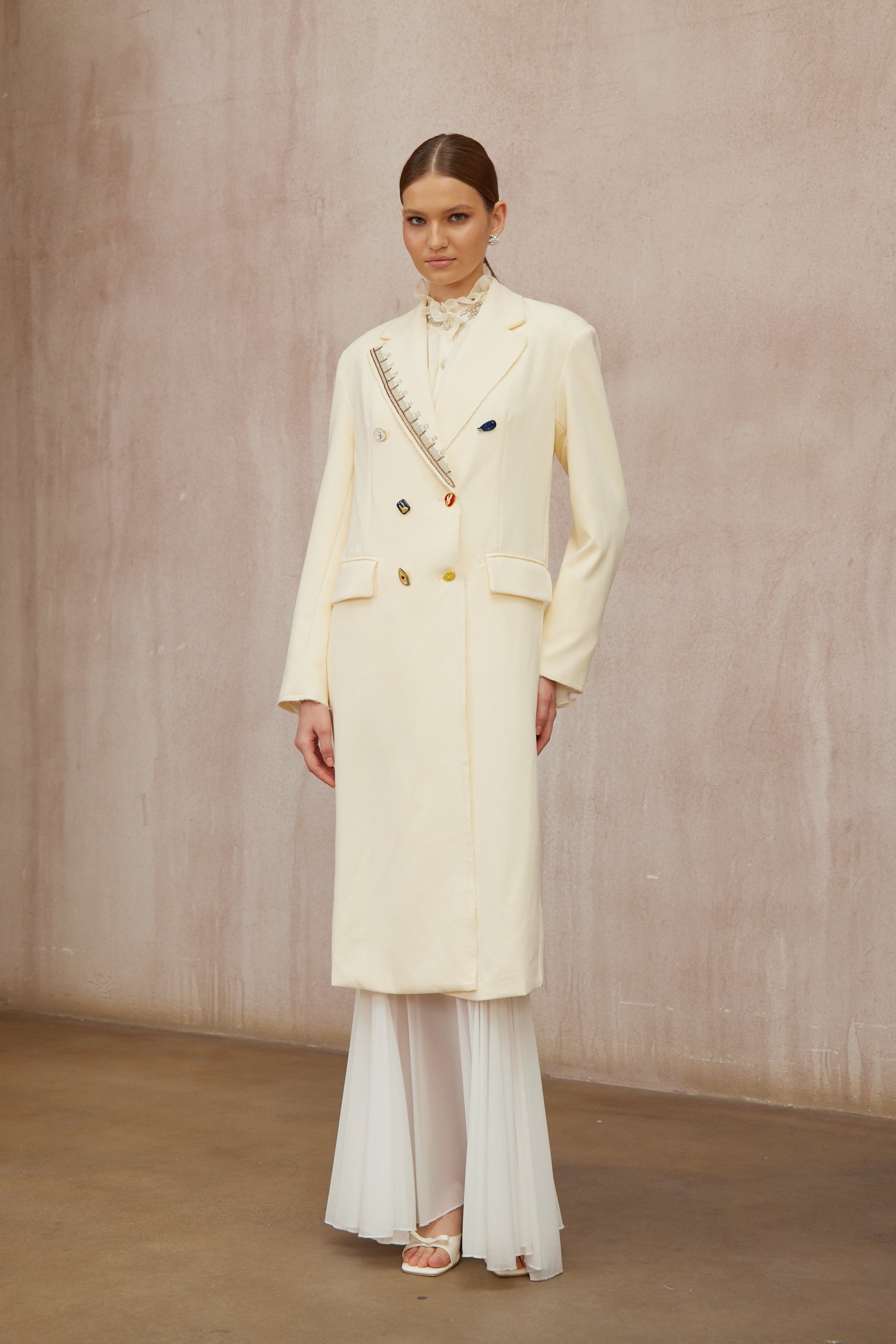 Alexa White Embroidered Double-Breasted Overcoat - ivory