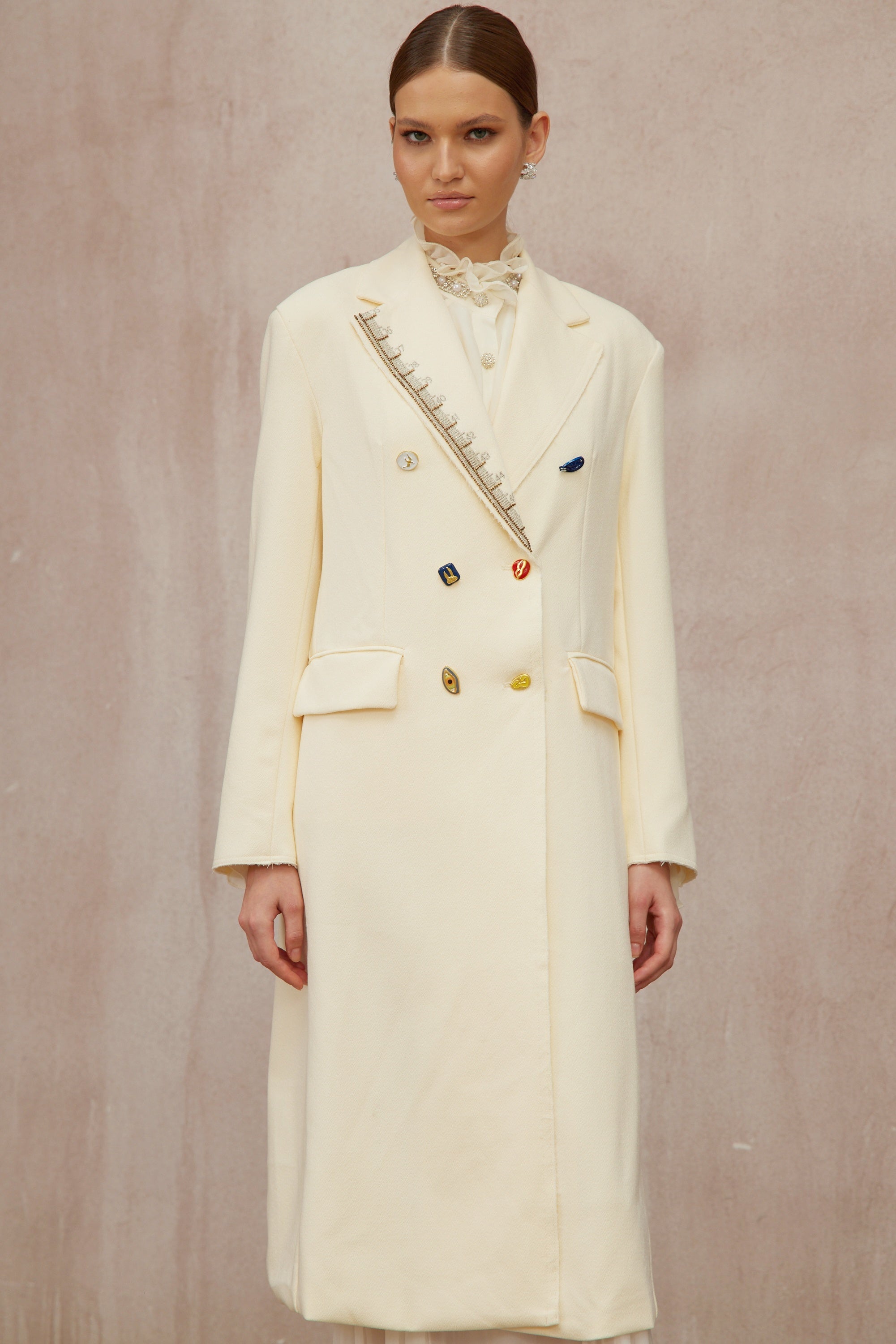 Alexa White Embroidered Double-Breasted Overcoat - ivory