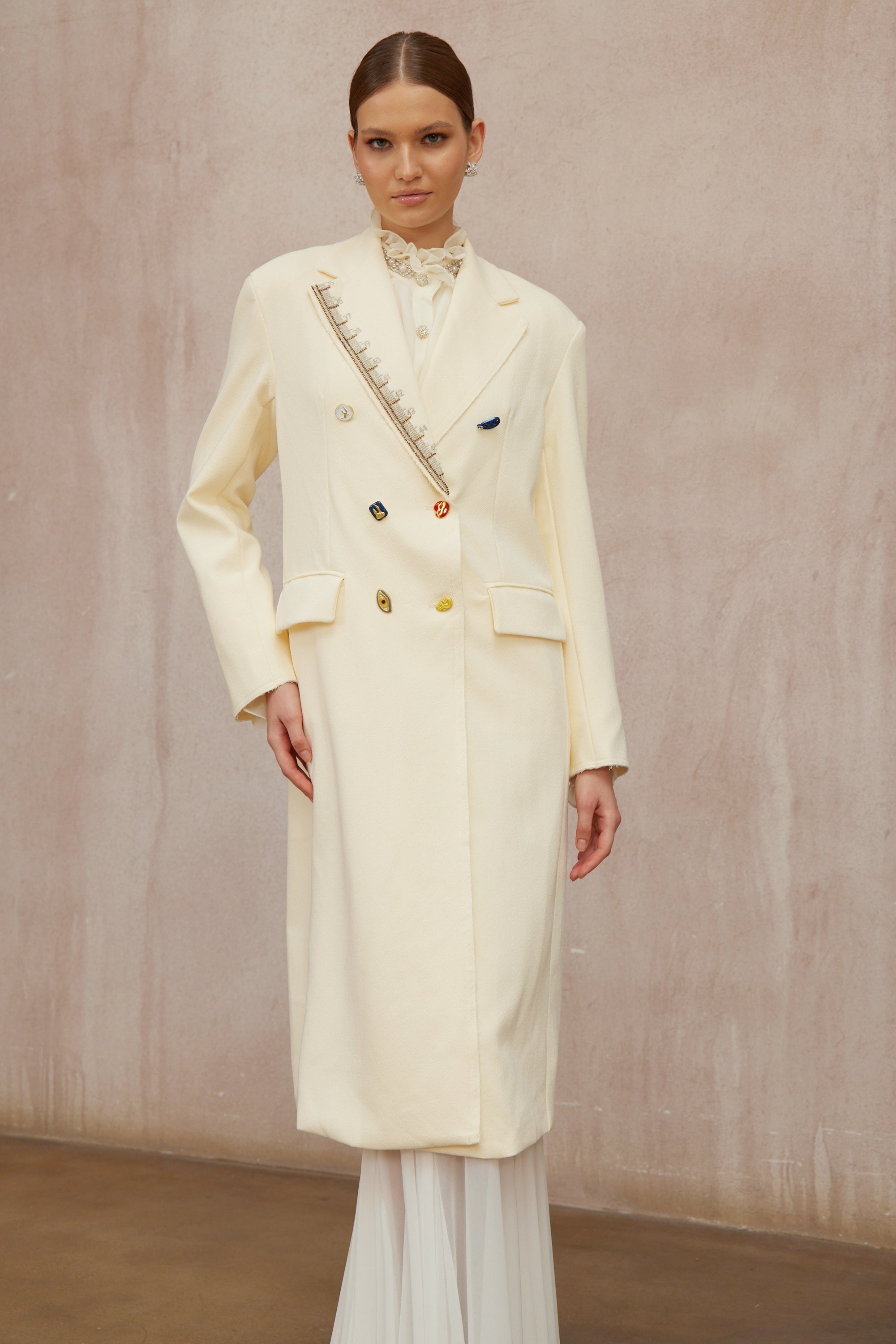 Alexa White Embroidered Double-Breasted Overcoat - ivory