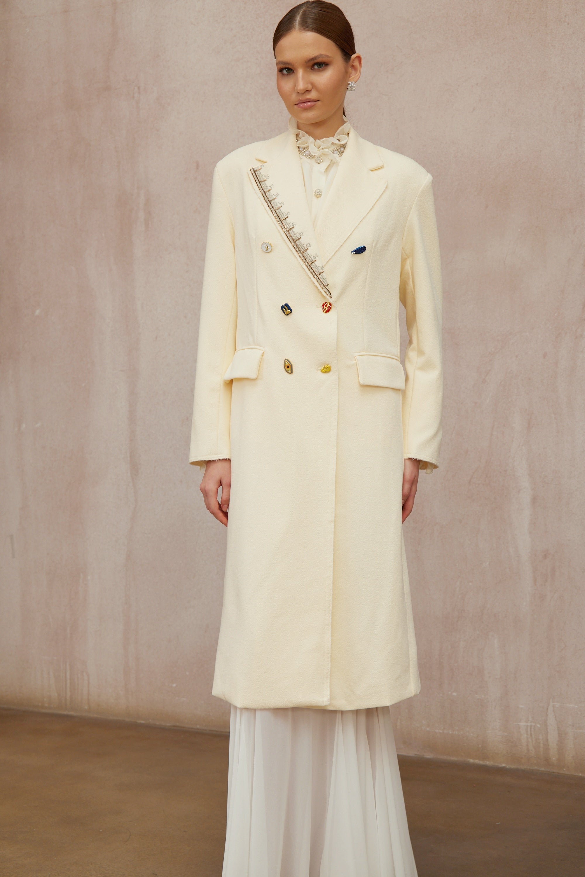 Alexa White Embroidered Double-Breasted Overcoat - ivory