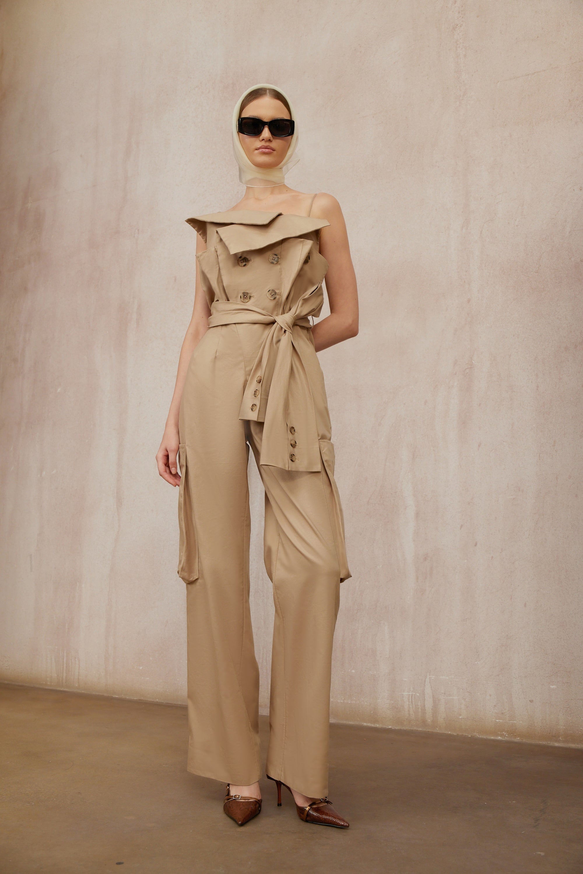 Nanette Khaki Asymmetrical Double Breasted Jumpsuit (Final Sale)