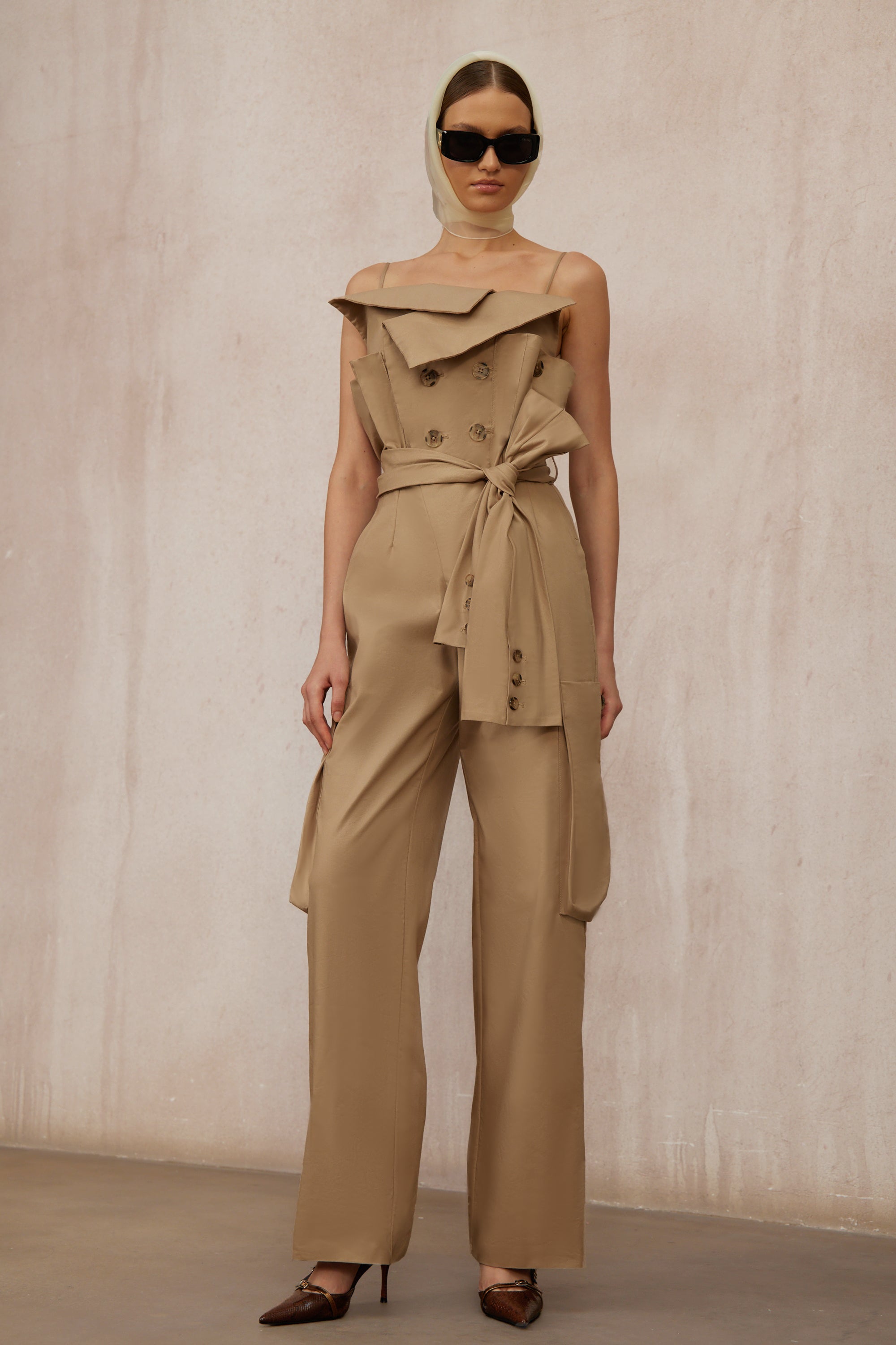 Nanette Khaki Asymmetrical Double Breasted Jumpsuit (Final Sale)