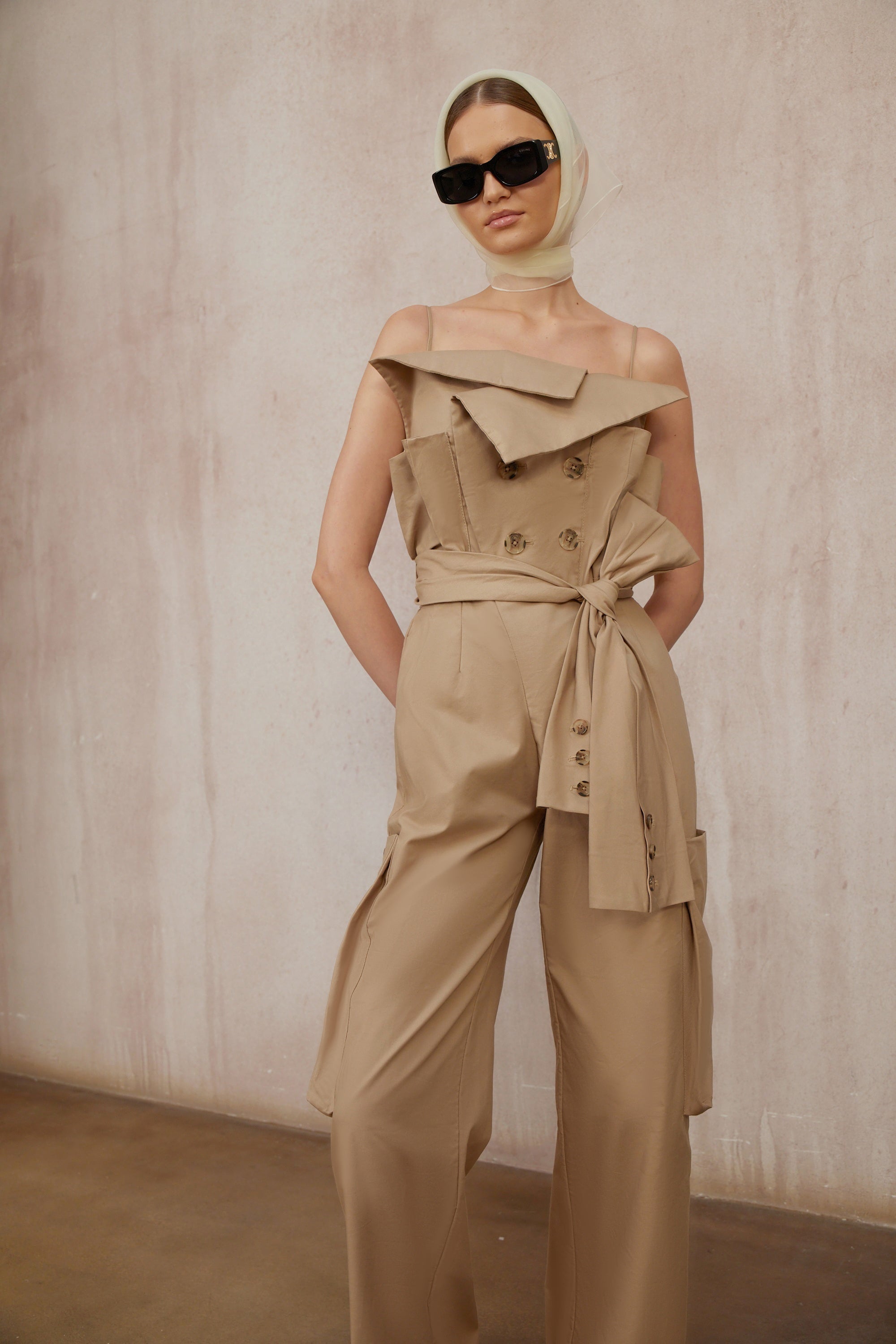 Nanette Khaki Asymmetrical Double Breasted Jumpsuit (Final Sale)