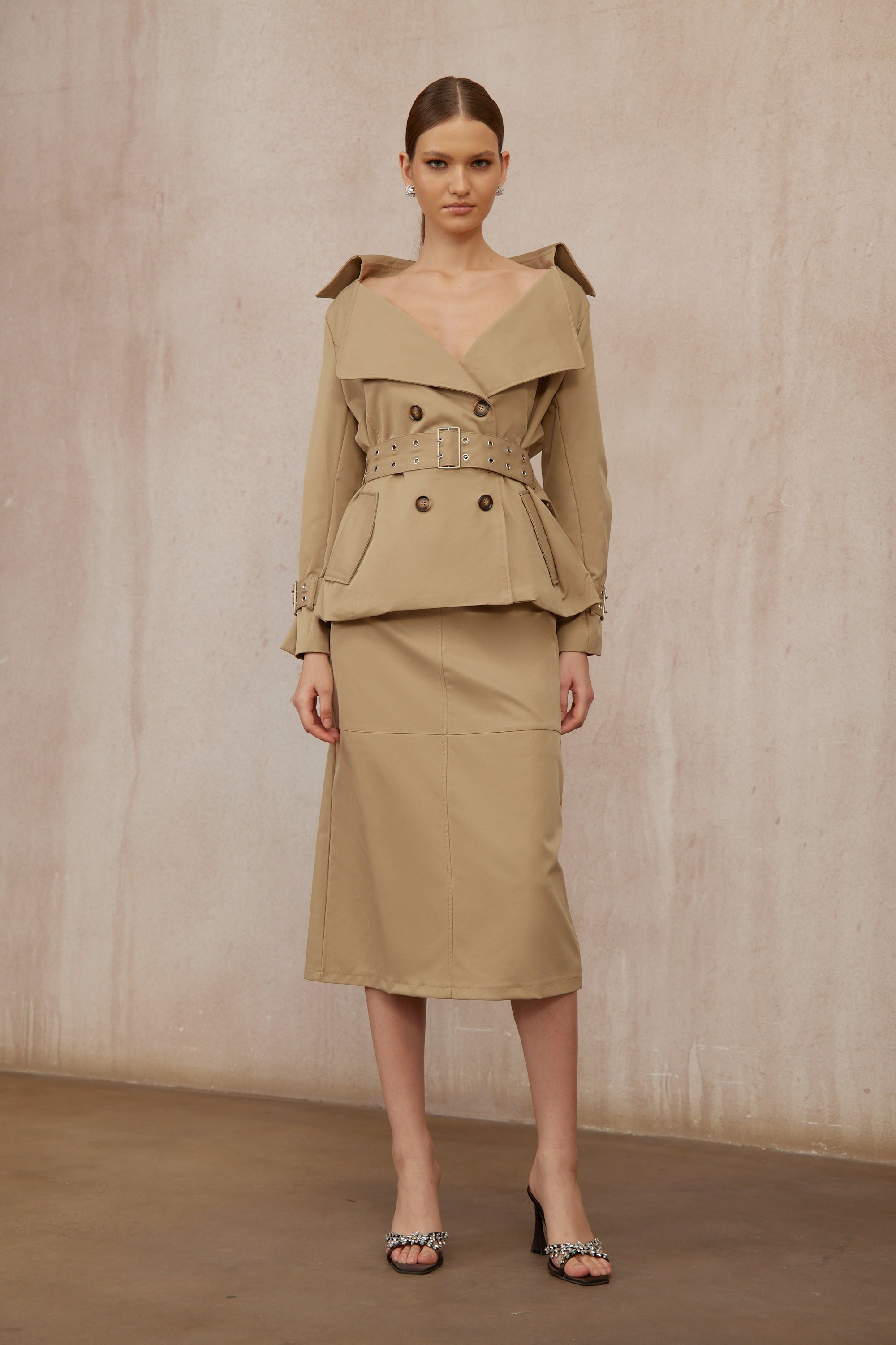 Isabelle Khaki Double-Breasted Trench Coat & Skirt Set
