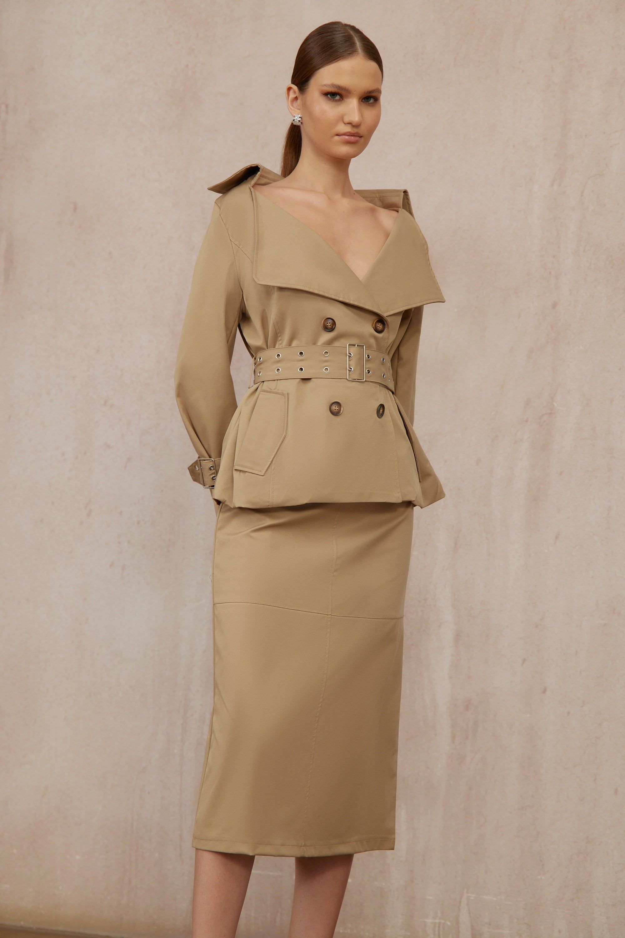 Isabelle Khaki Double-Breasted Trench Coat & Skirt Set