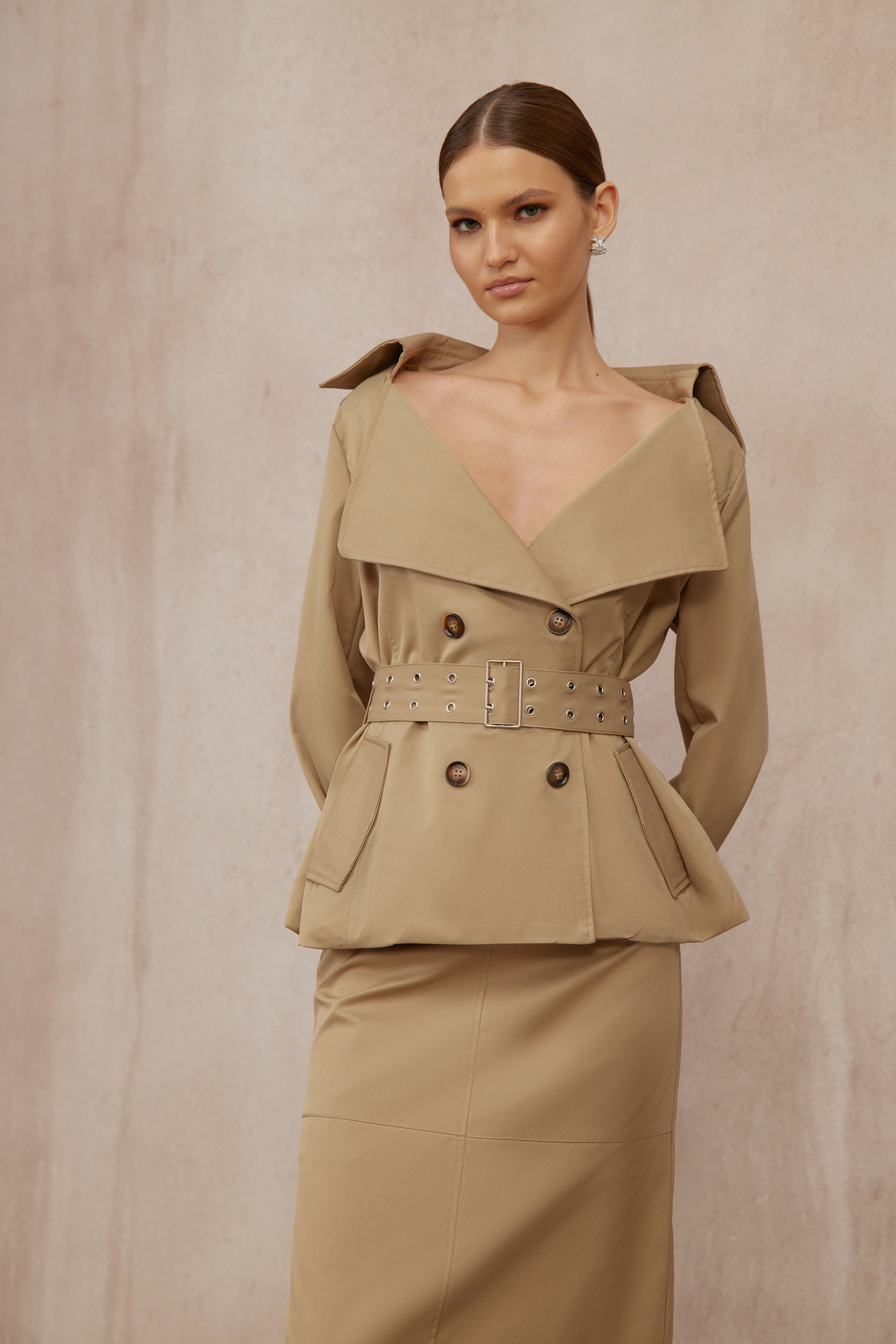 Isabelle Khaki Double-Breasted Trench Coat & Skirt Set (Final Sale-US Only)