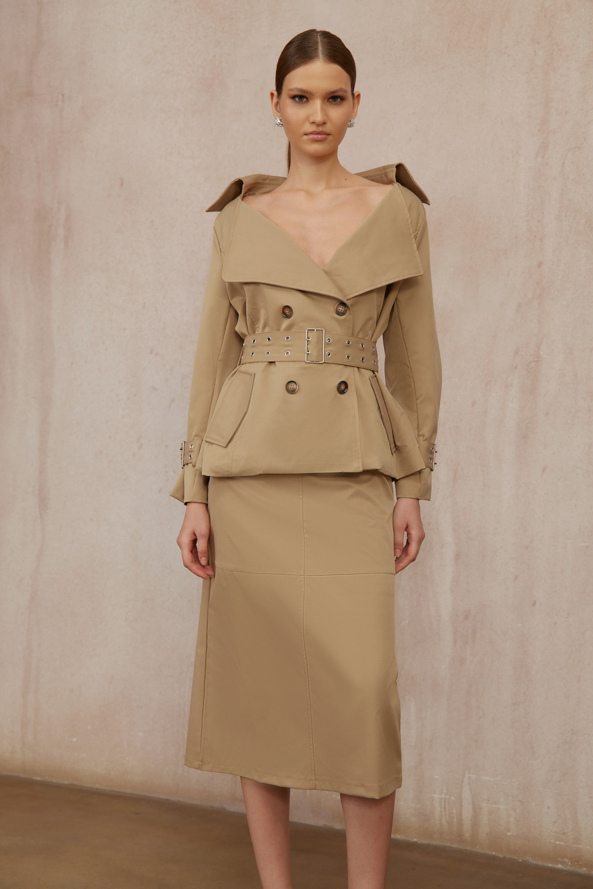 Isabelle Khaki Double-Breasted Trench Coat & Skirt Set (Final Sale-US Only)
