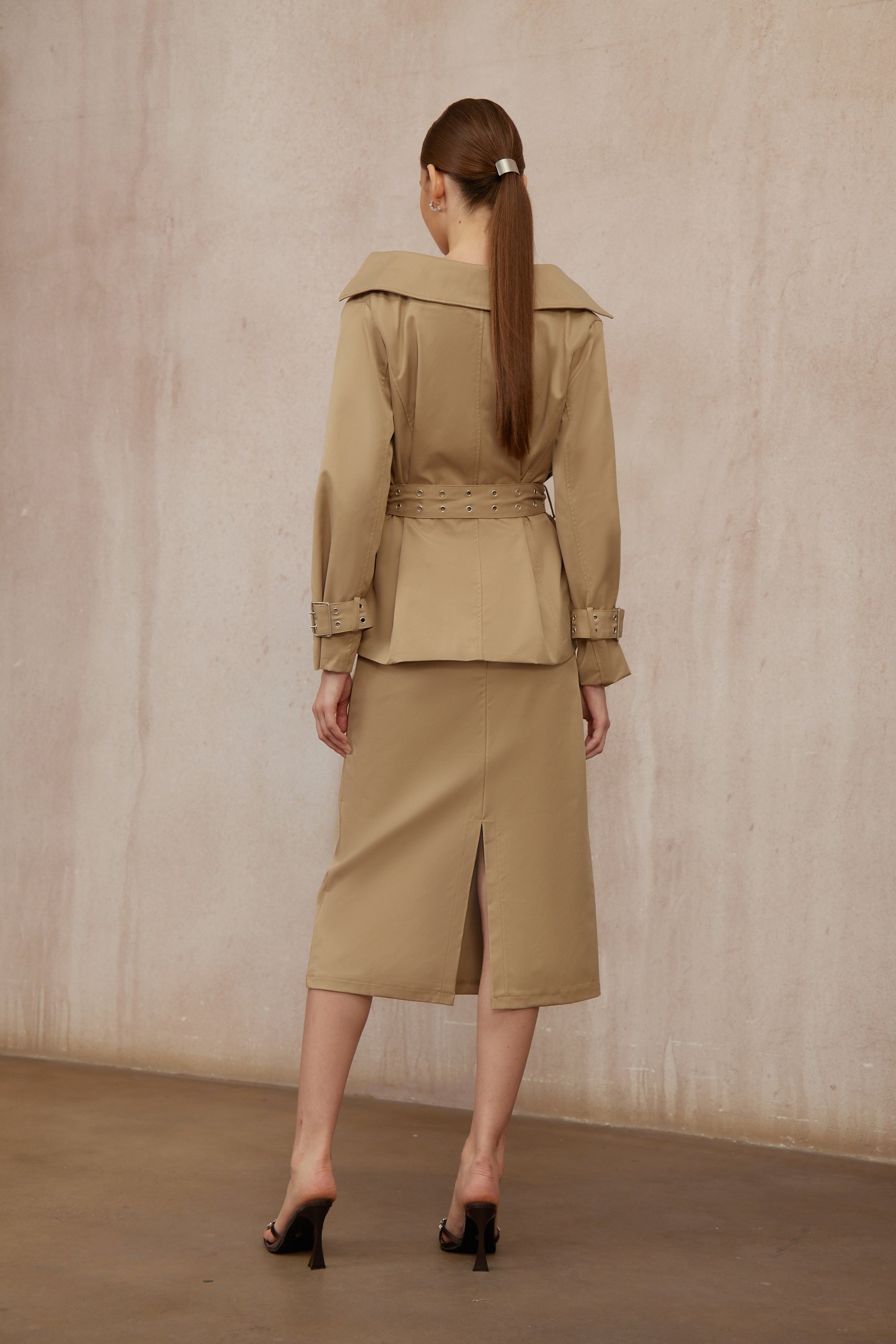 Isabelle Khaki Double-Breasted Trench Coat & Skirt Set (Final Sale-US Only)