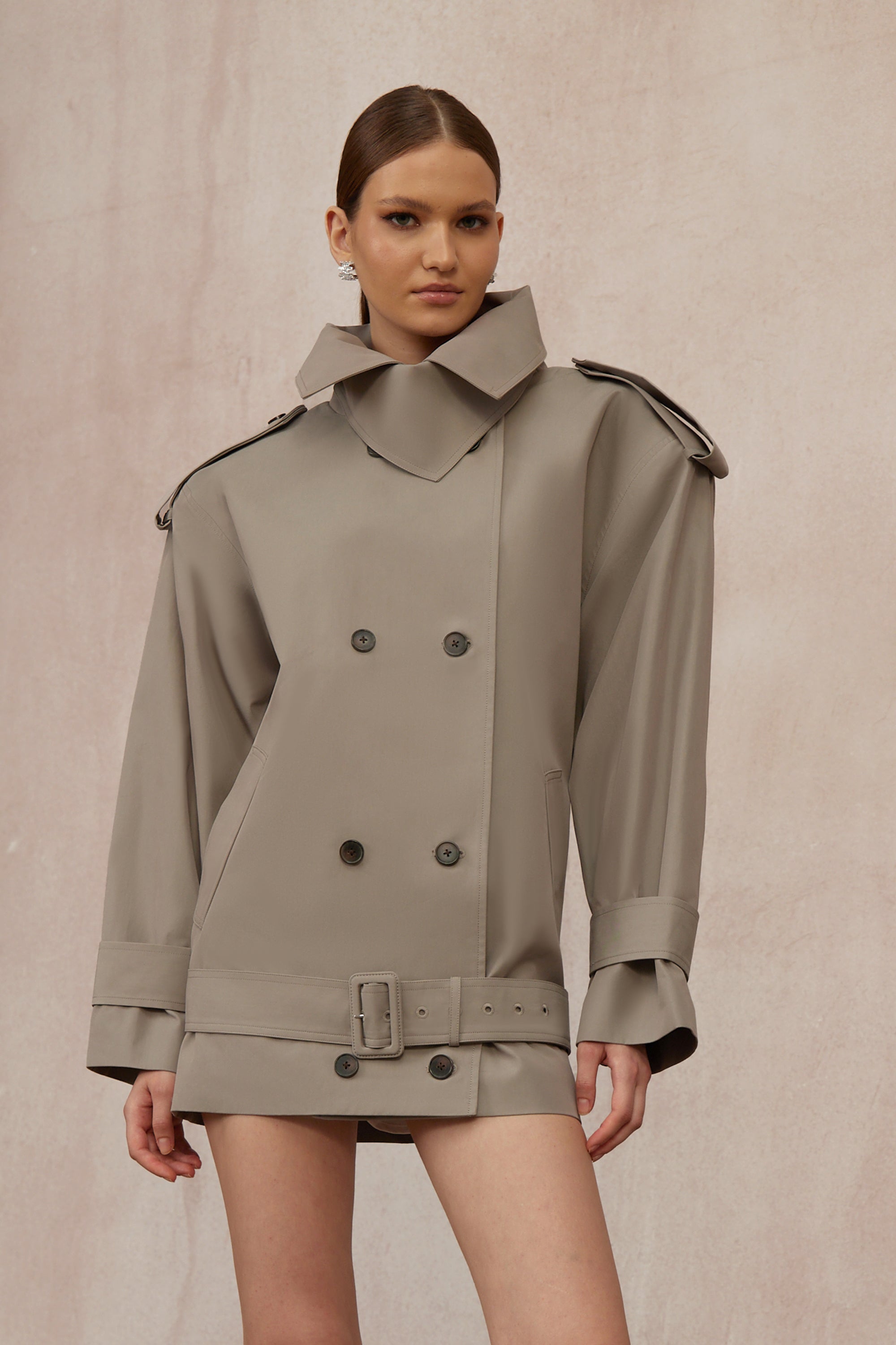 Mavis Grey Double-Breasted Belted Trench Coat