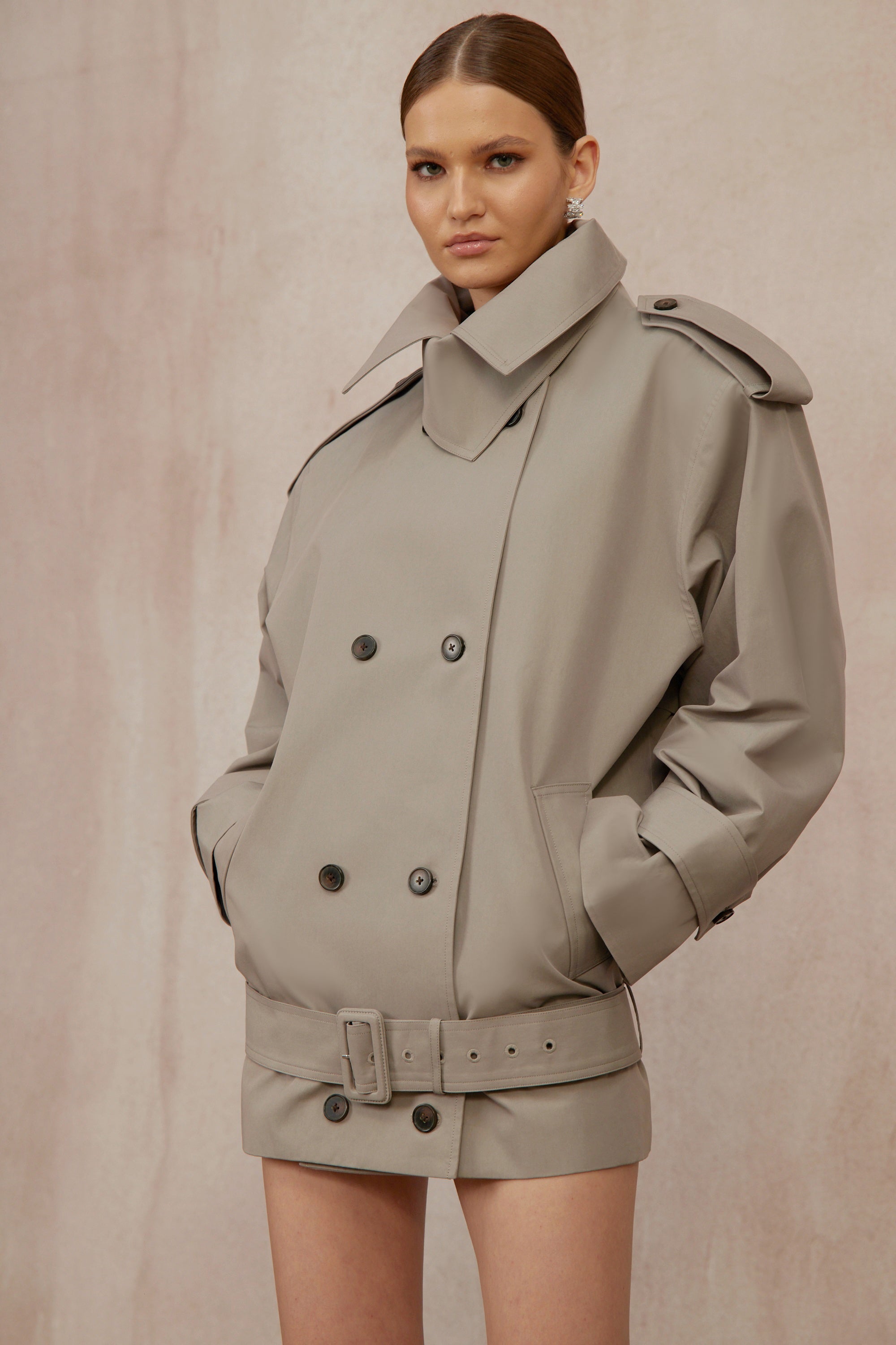 Mavis Grey Double-Breasted Belted Trench Coat
