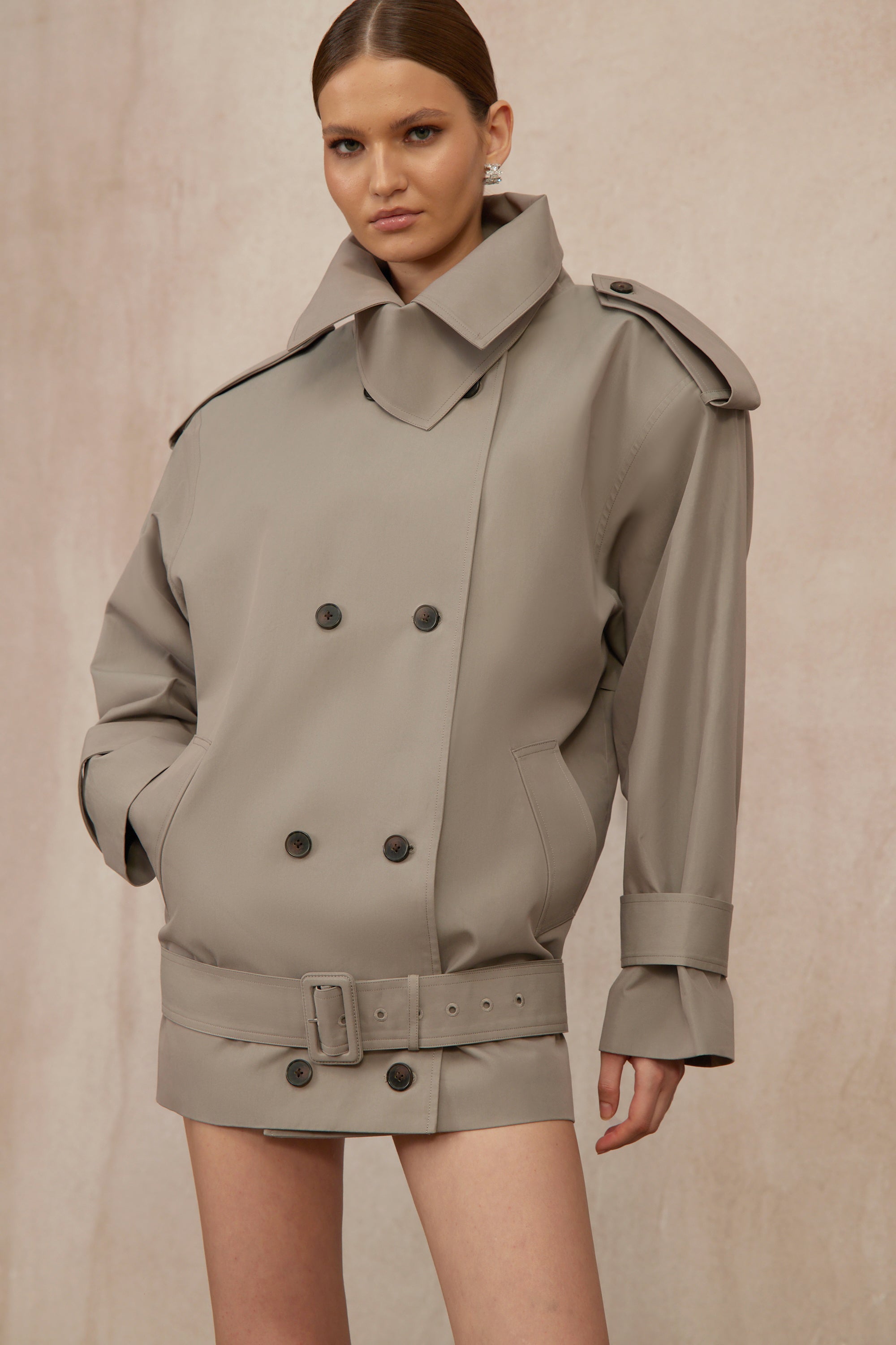 Mavis Grey Double-Breasted Belted Trench Coat