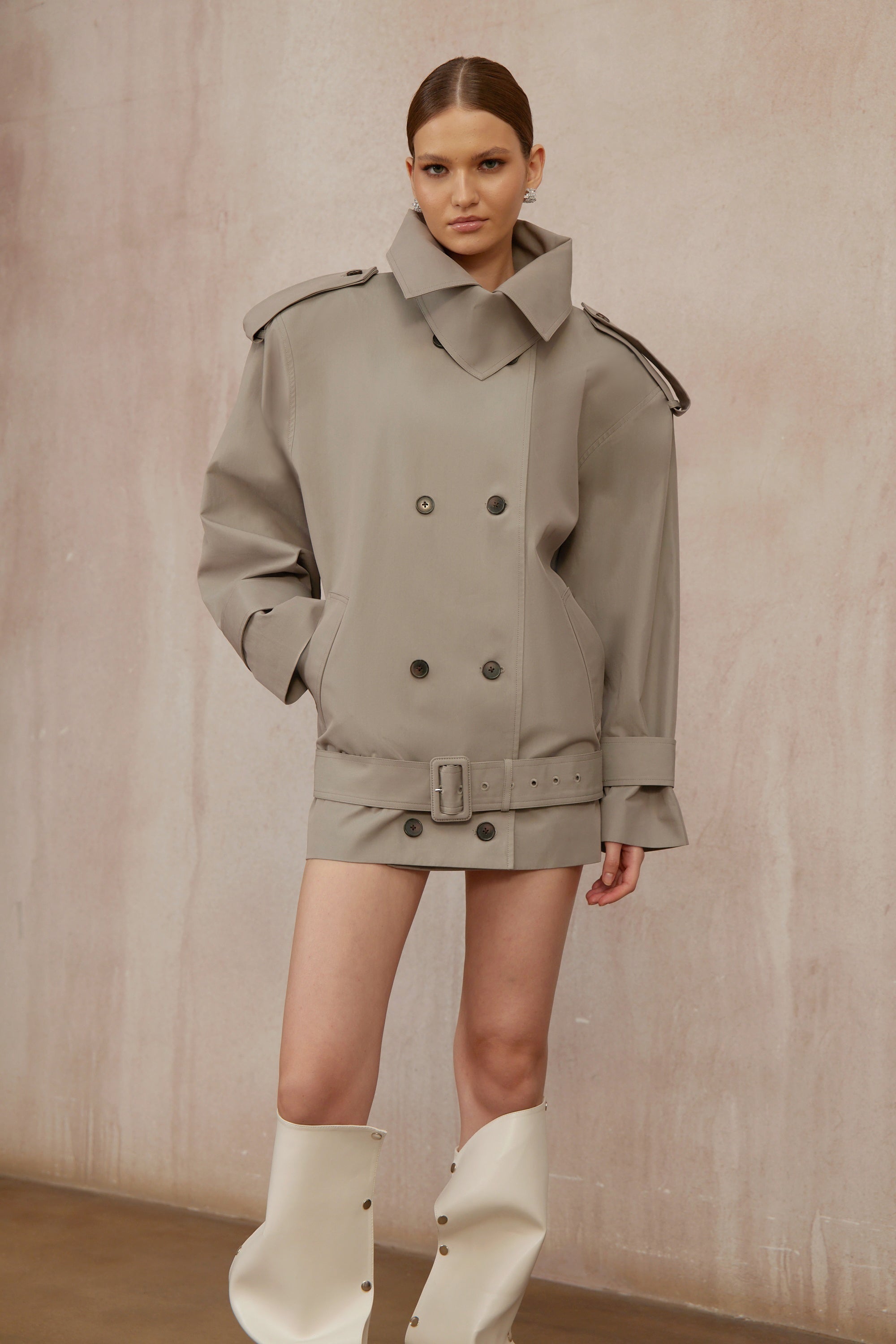 Mavis Grey Double-Breasted Belted Trench Coat