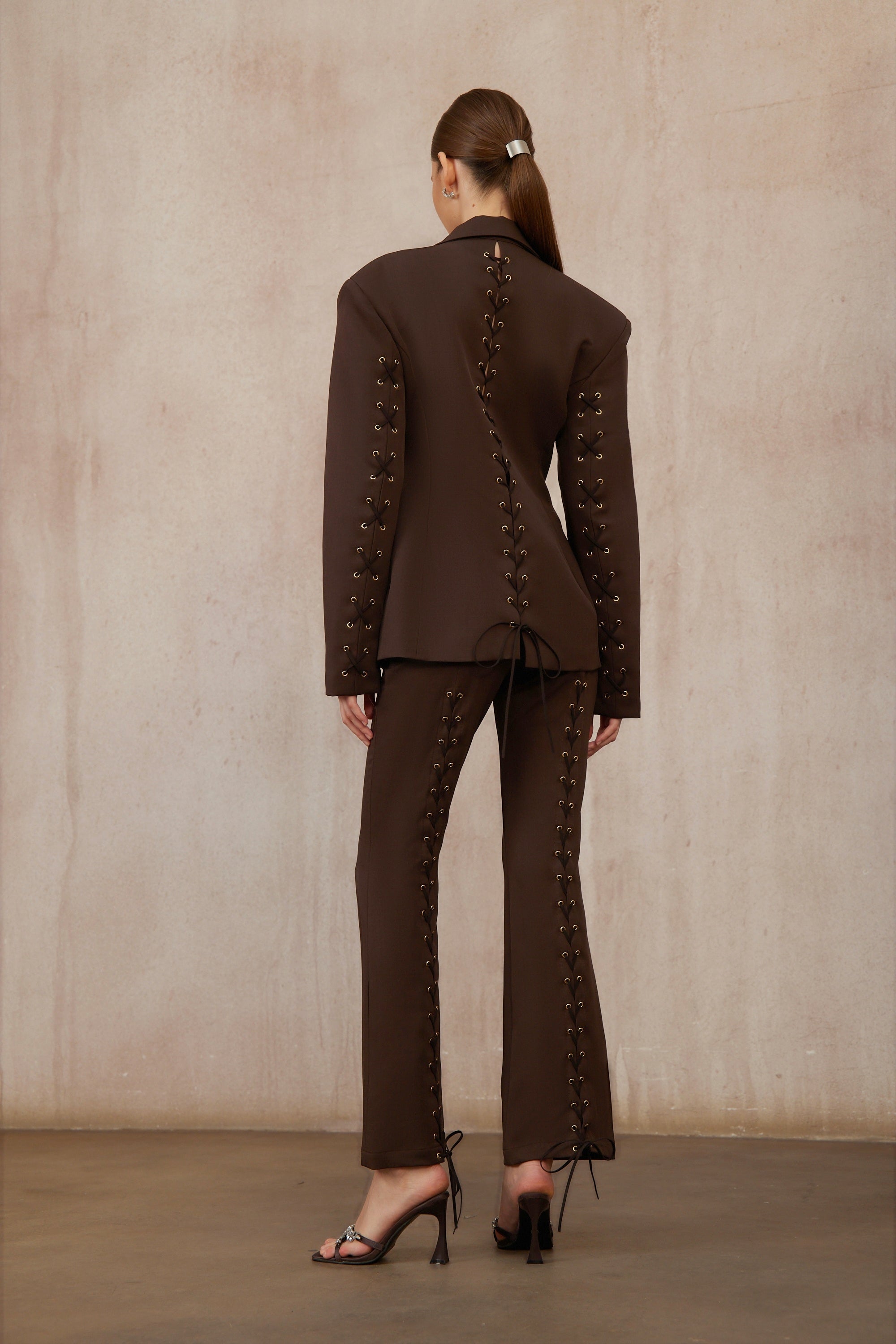 Prunille Brown Lace-Up Blazer & Trousers Set - deep brown