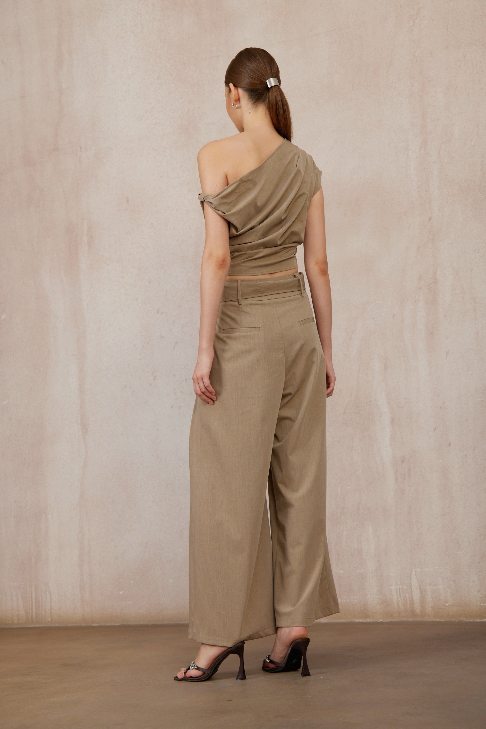 Frannie Khaki One Shoulder Top & Belted Trousers Set