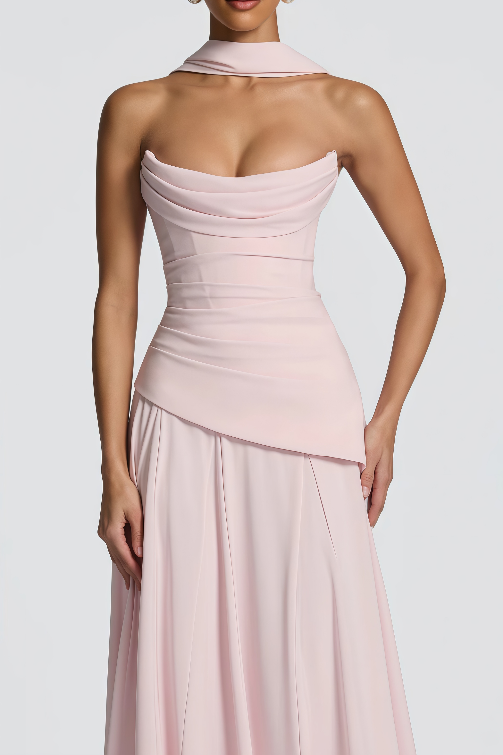 Romane Pink Strapless Corset Chiffon Maxi Dress