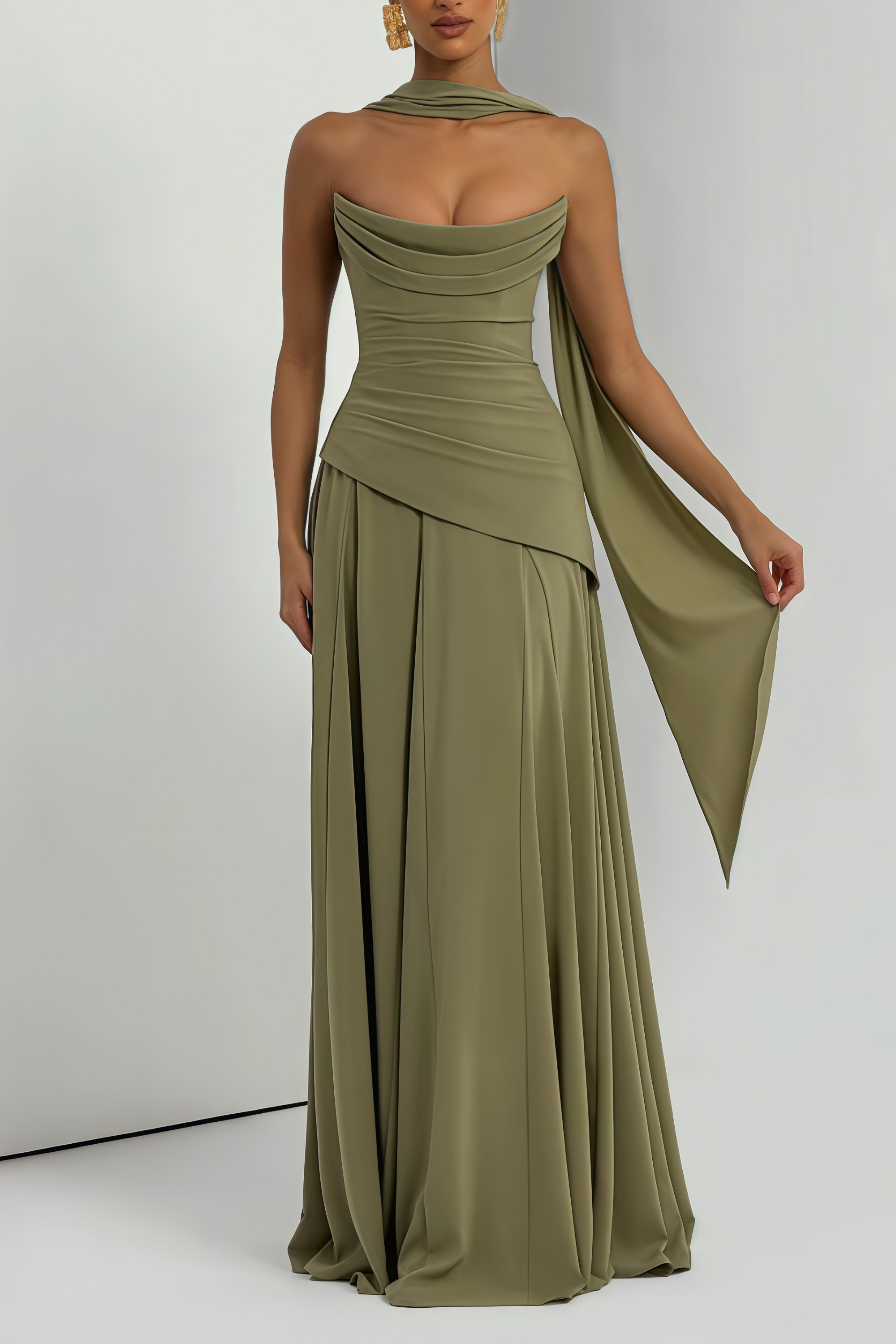 Romane Green Strapless Corset Chiffon Maxi Dress