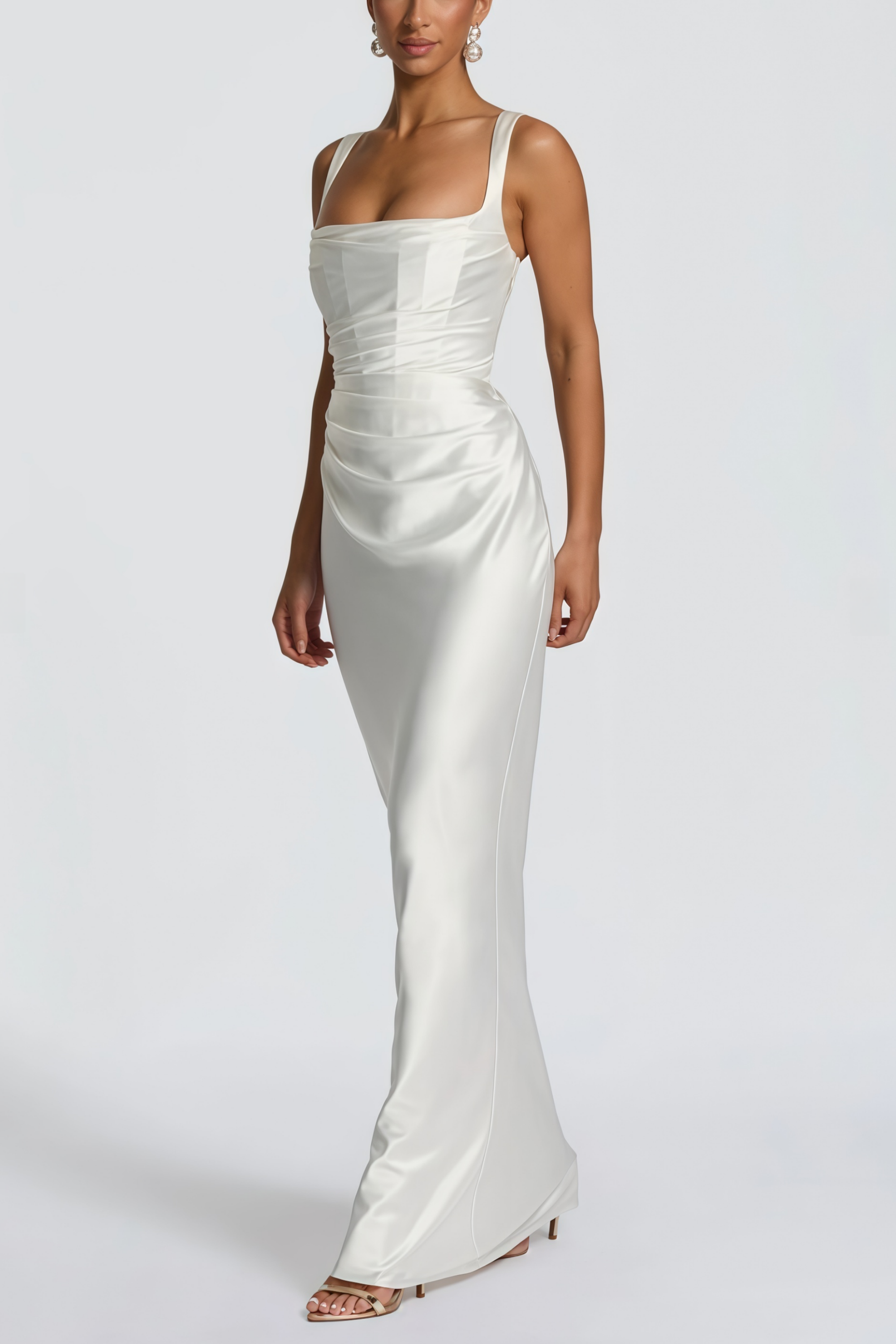 Inmaculada White Ruched Satin Maxi Dress