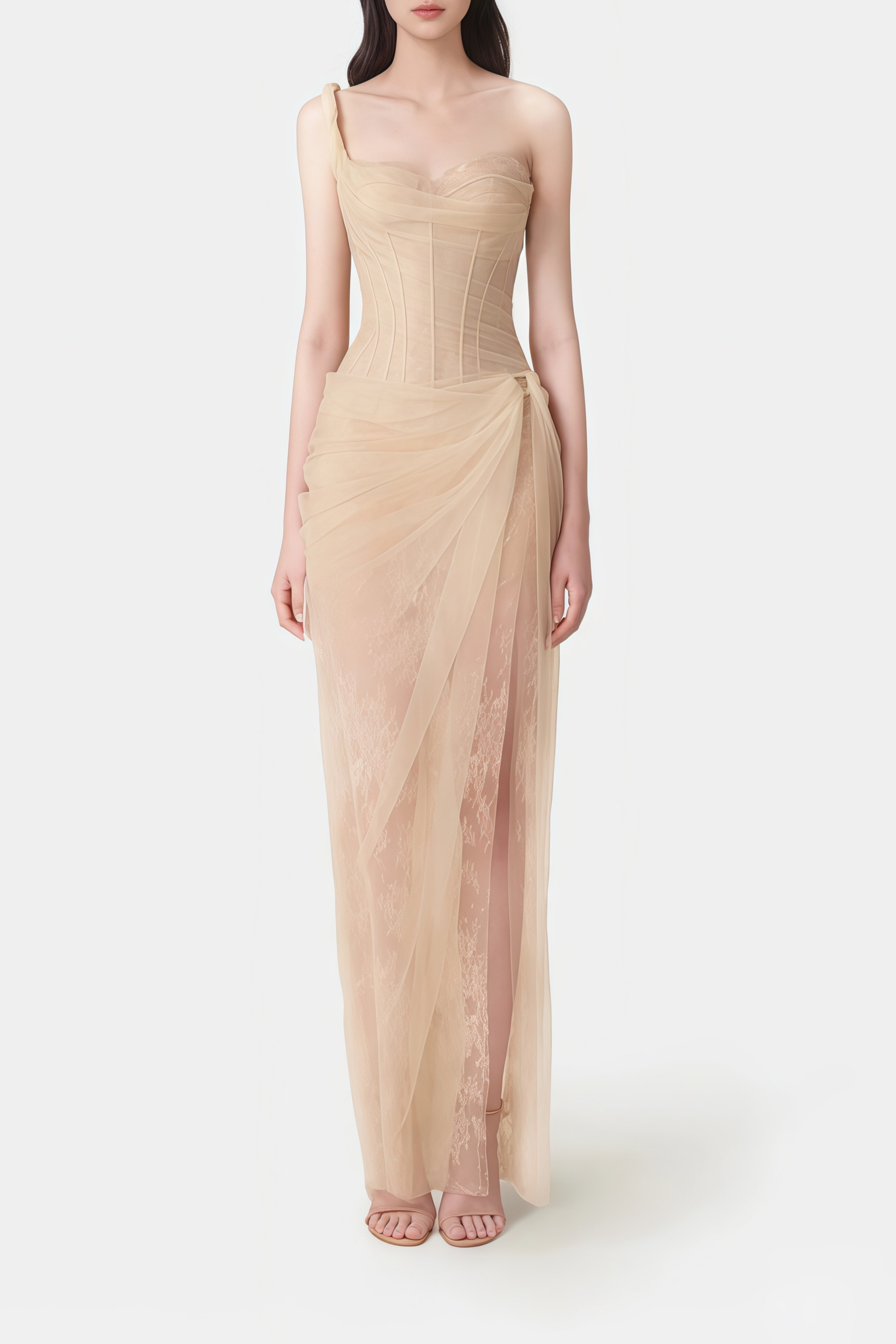 Juno Neutral Pleated Mesh Midi Dress (Final Sale-US Only)