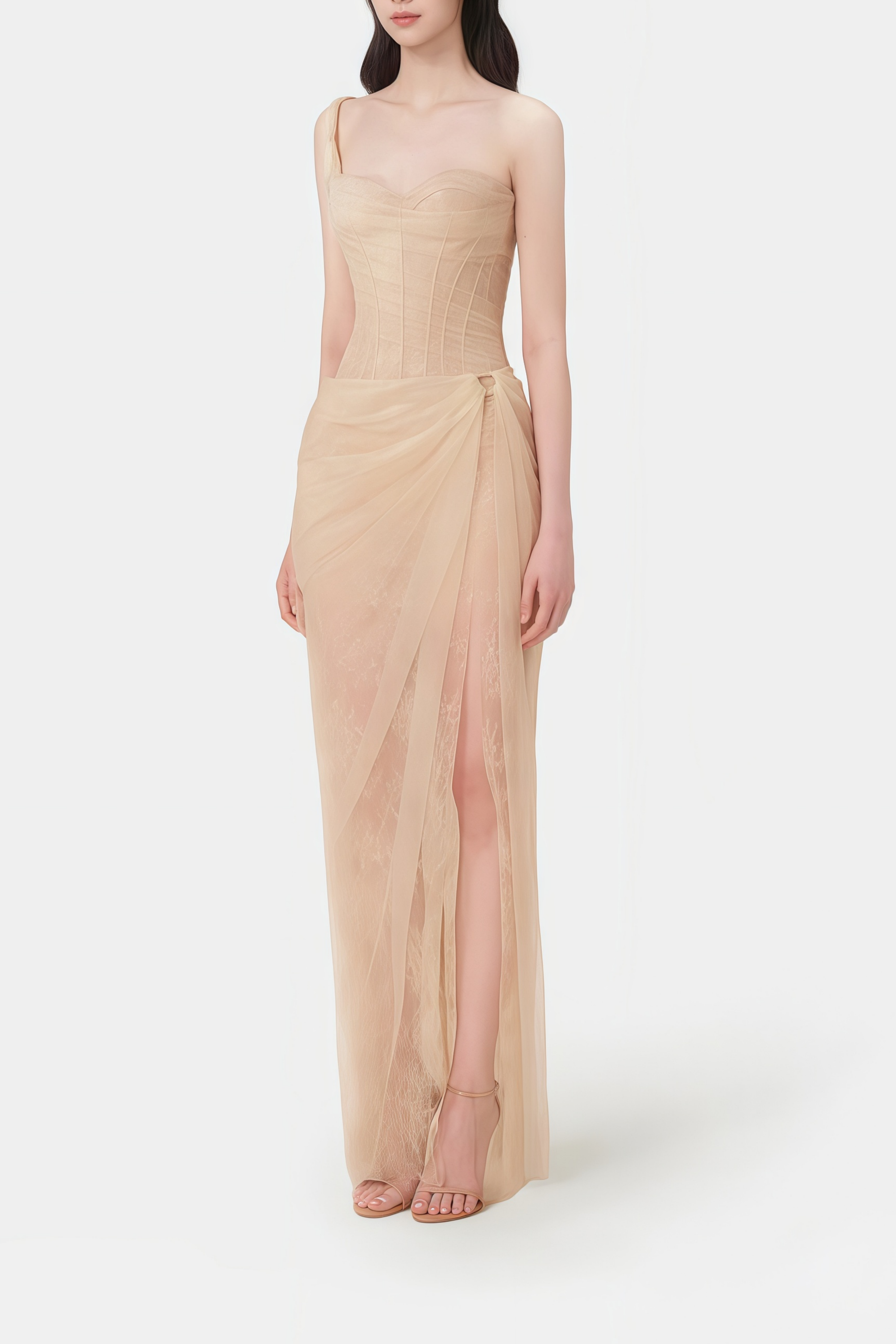 Juno Neutral Pleated Mesh Midi Dress (Final Sale-US Only)