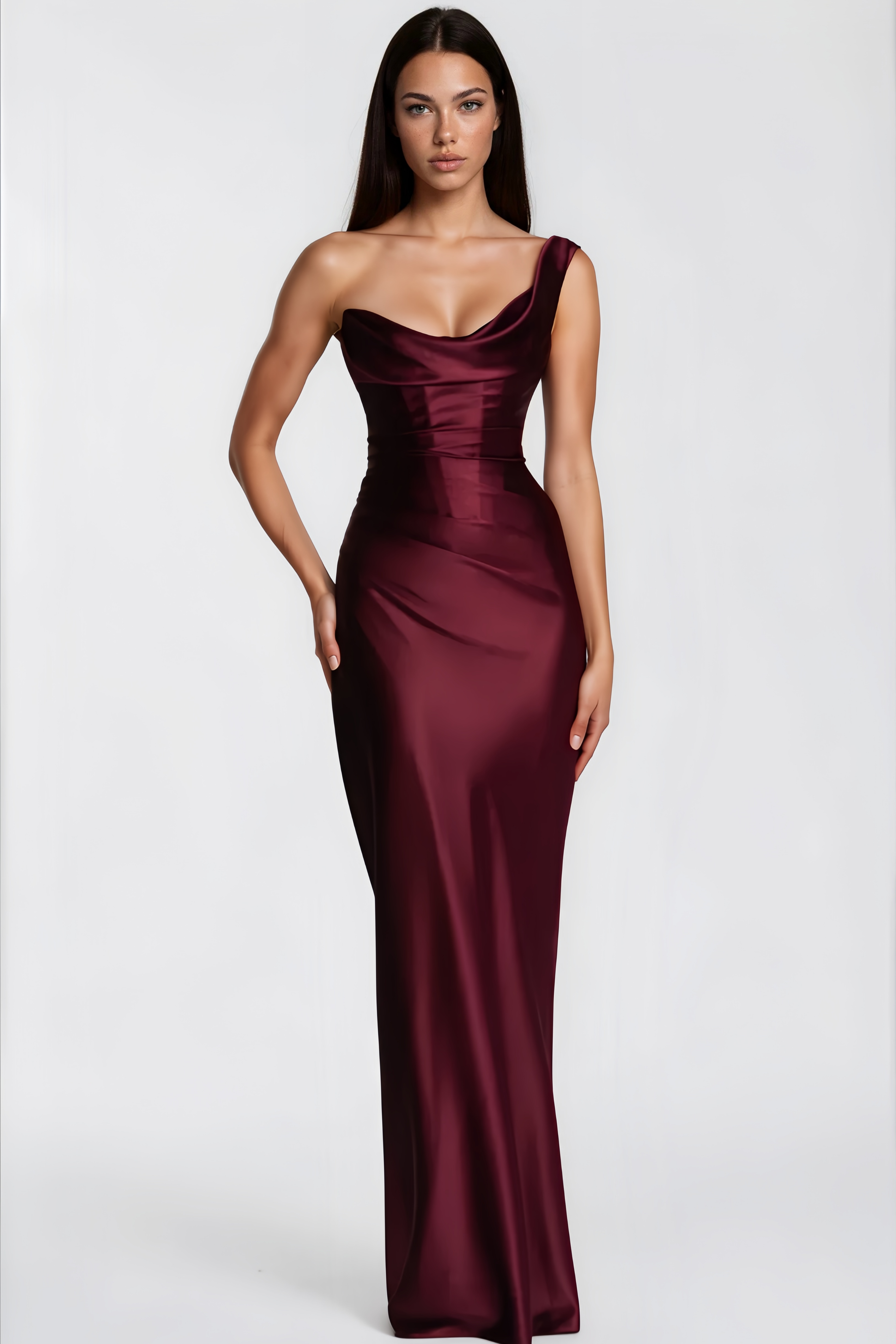 Hannah Burgundy One Shoulder Satin Maxi Dress (Final Sale-US Only)