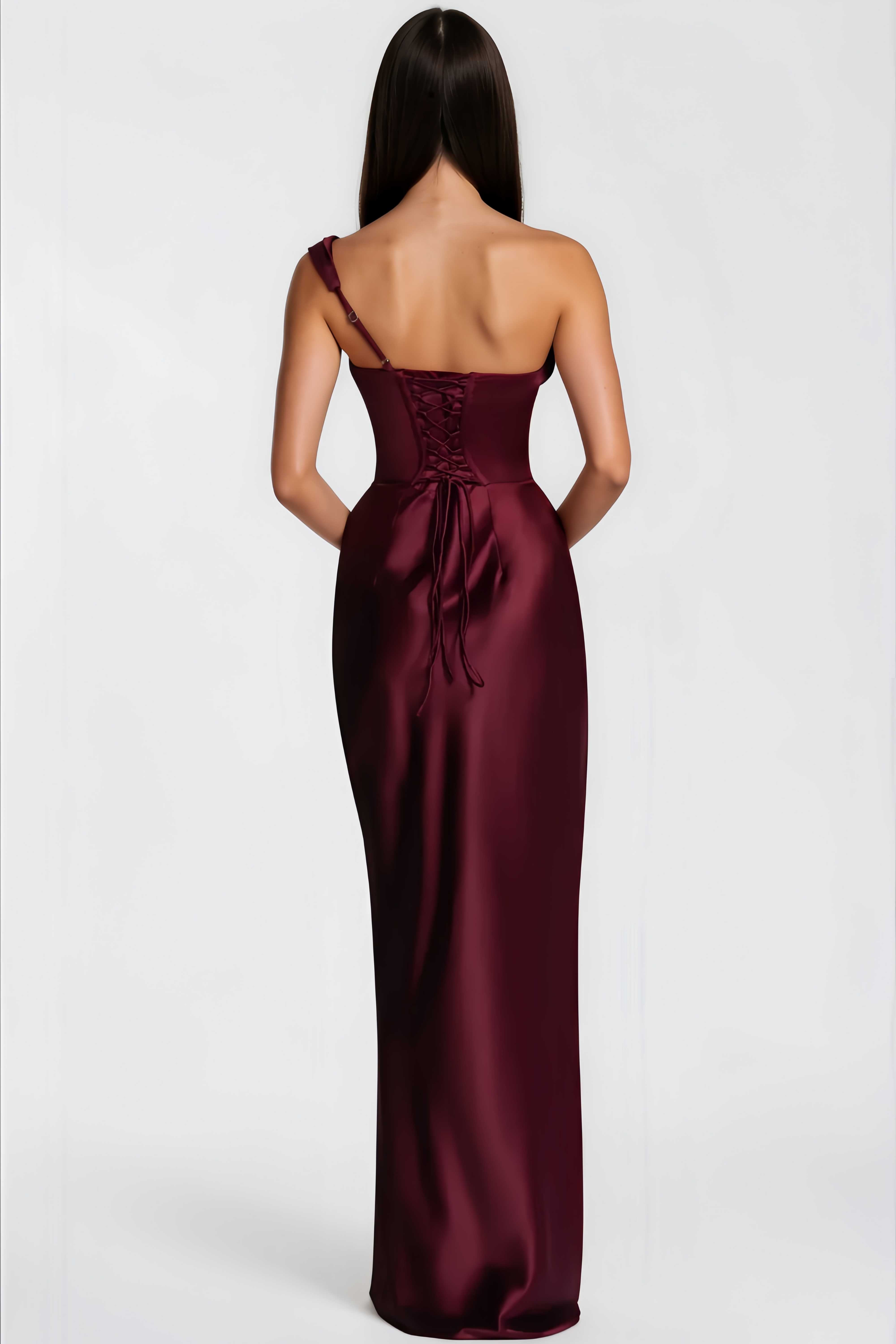 Hannah Burgundy One Shoulder Satin Maxi Dress