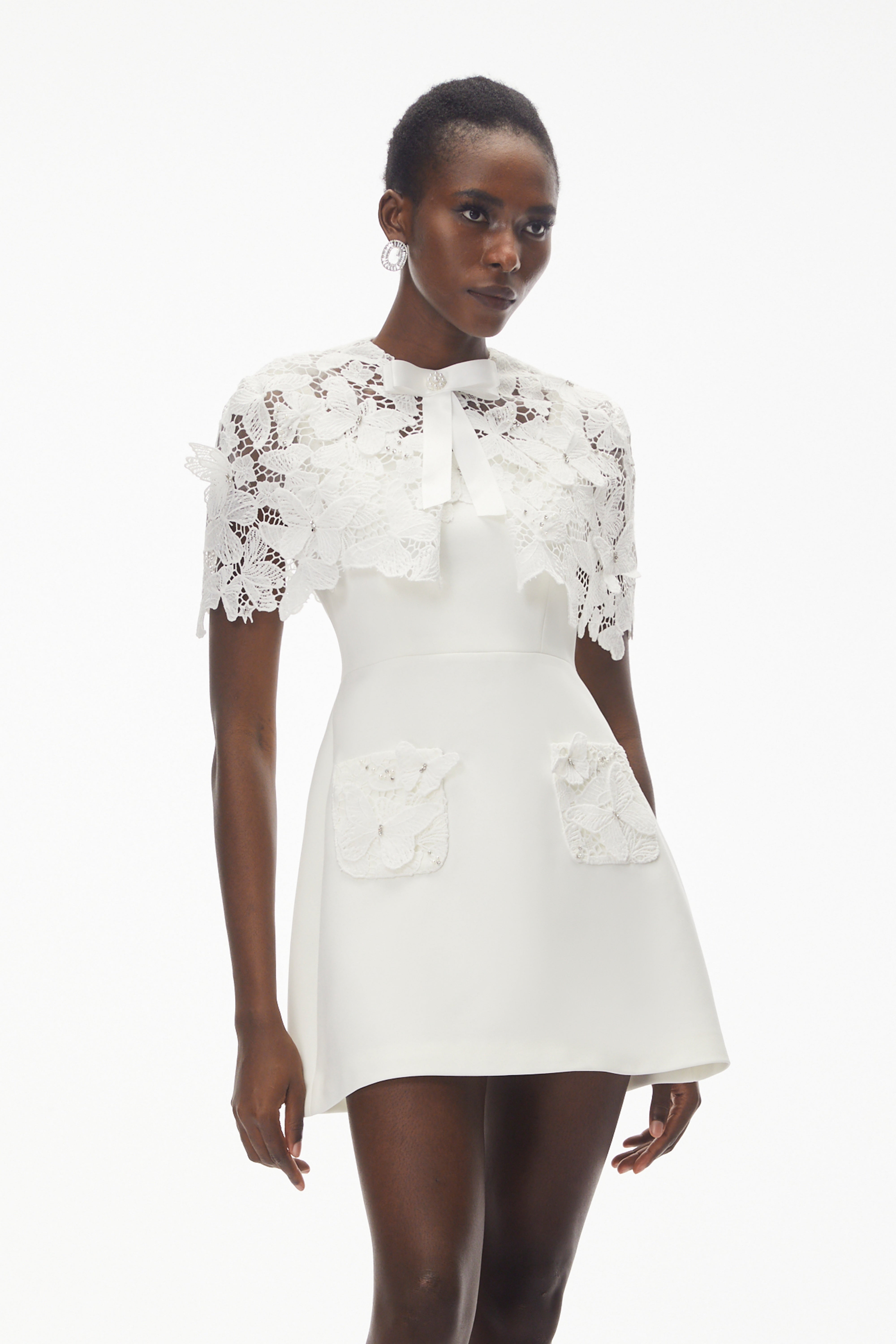 Ava White Floral Lace Mini Dress with Butterfly Applique