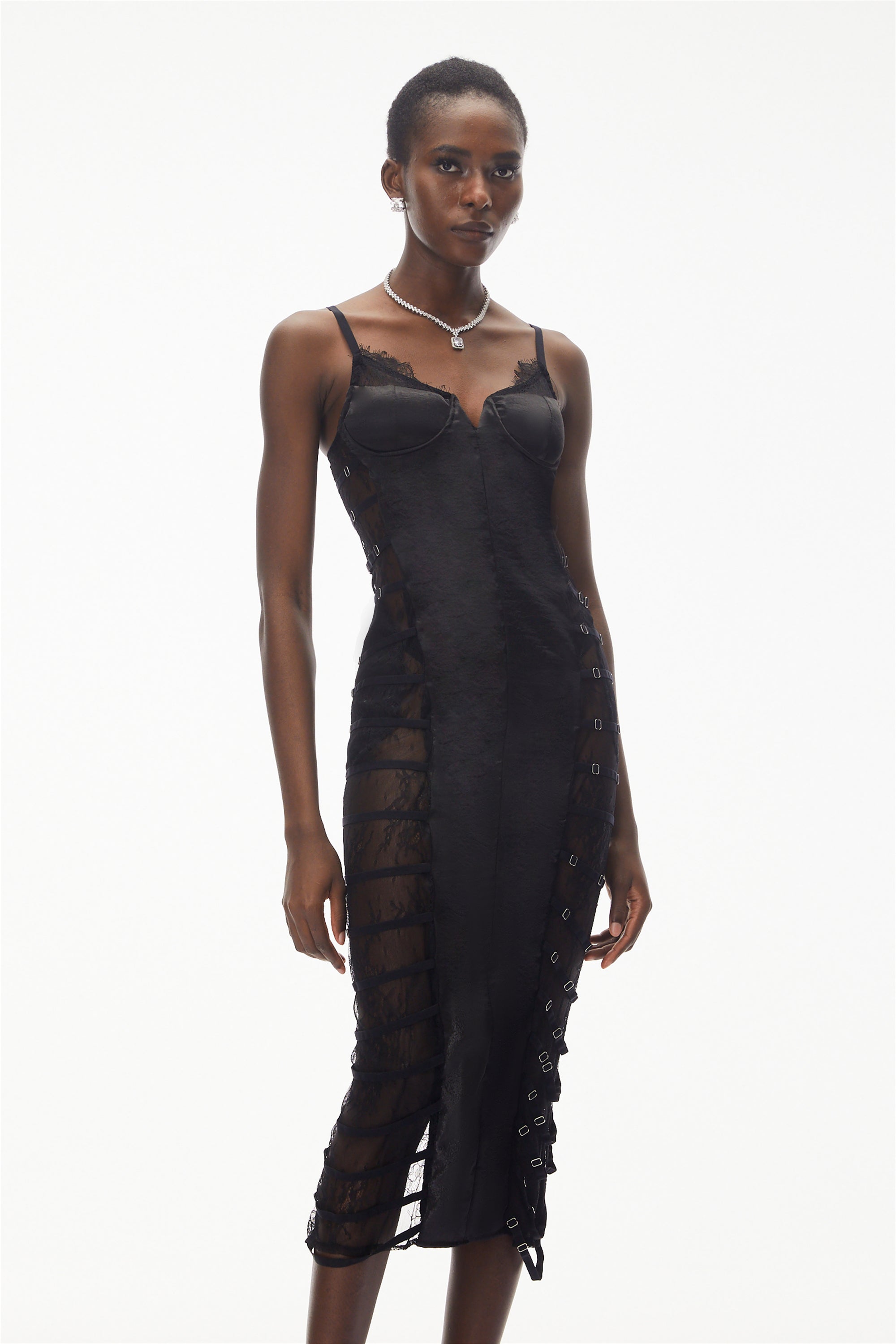 Melora Black Floral Lace Semi-Sheer Midi Dress
