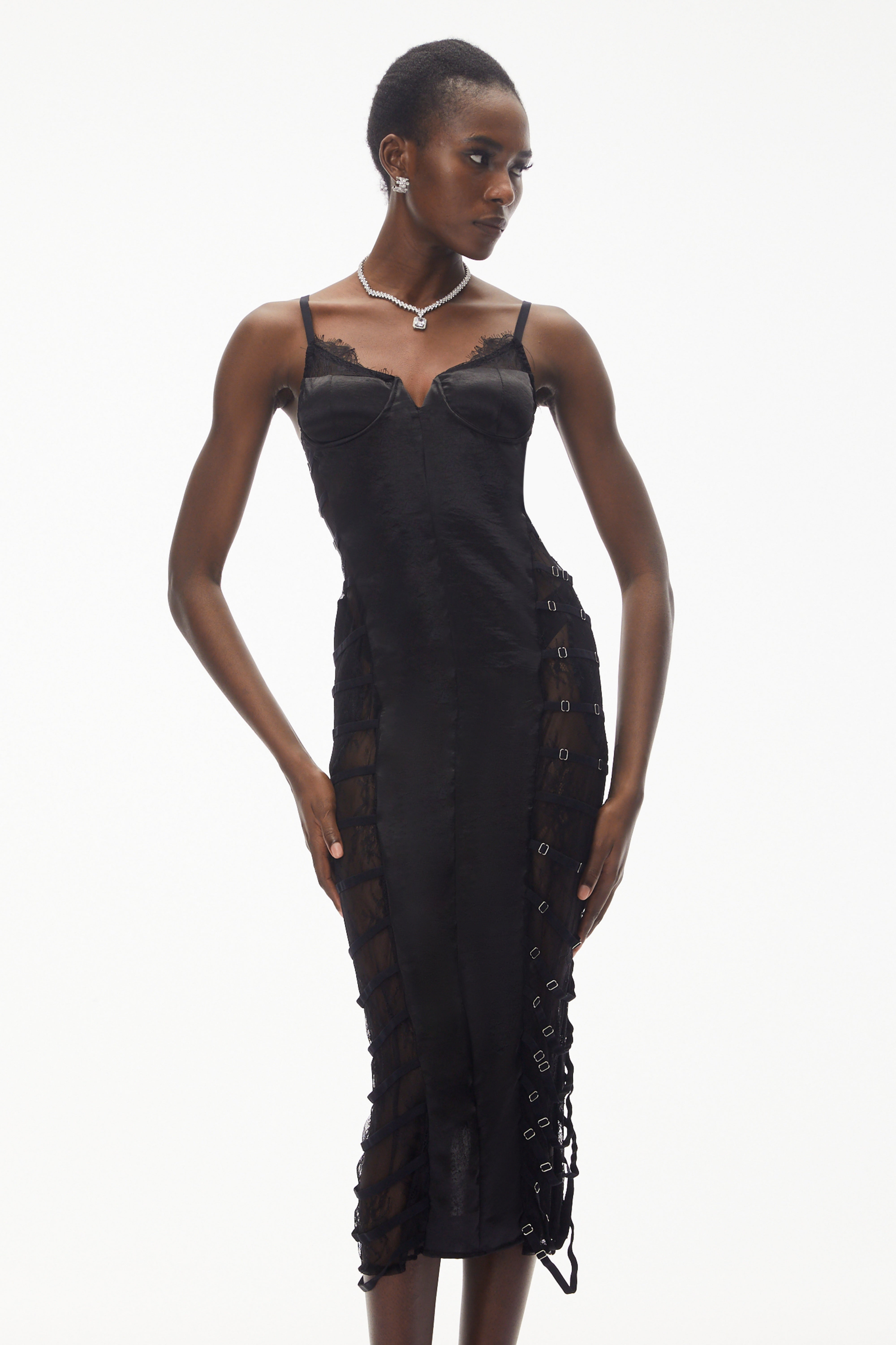 Melora Black Floral Lace Semi-Sheer Midi Dress