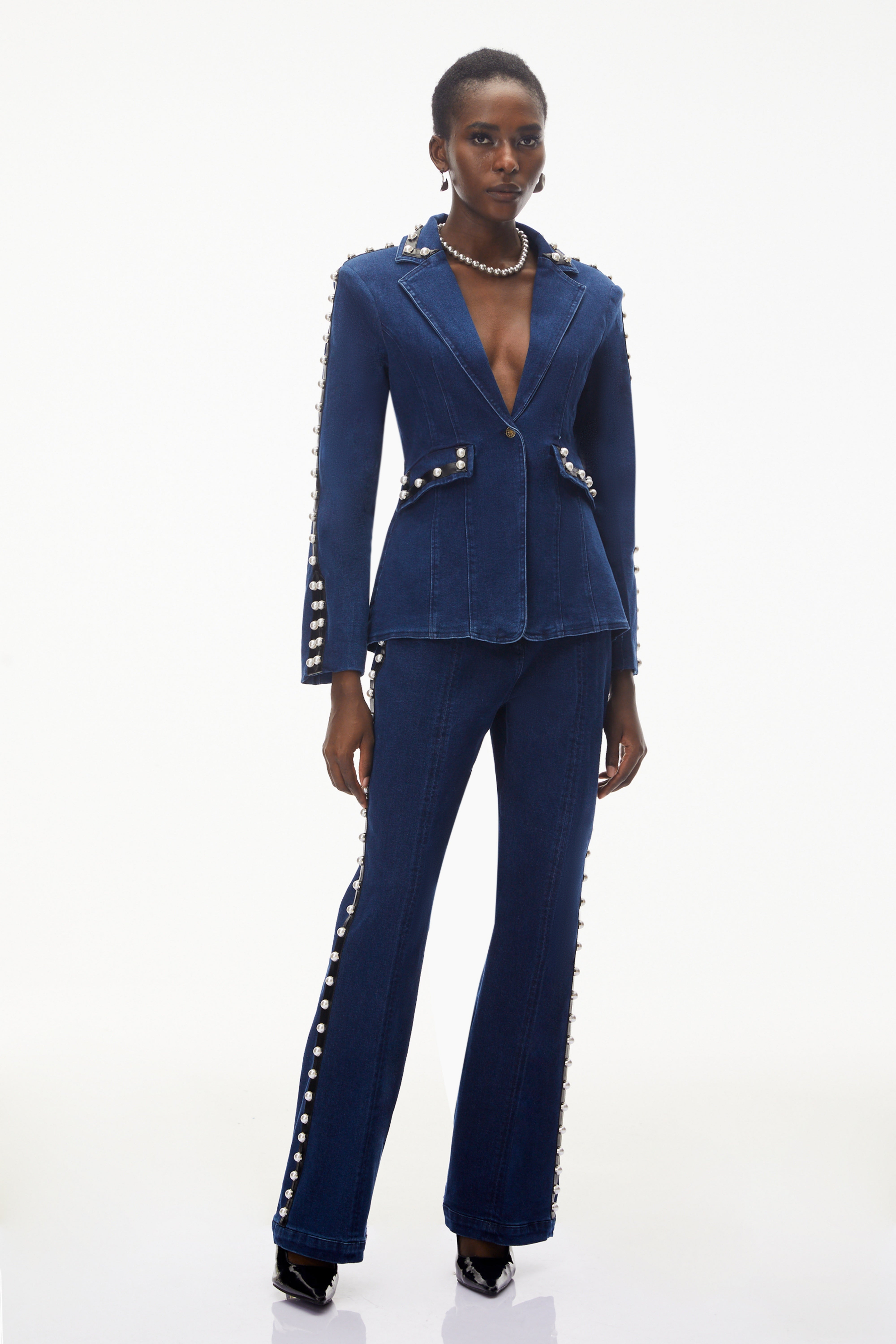 Morgause Blue Embellished Denim Jacket & Trouser Set