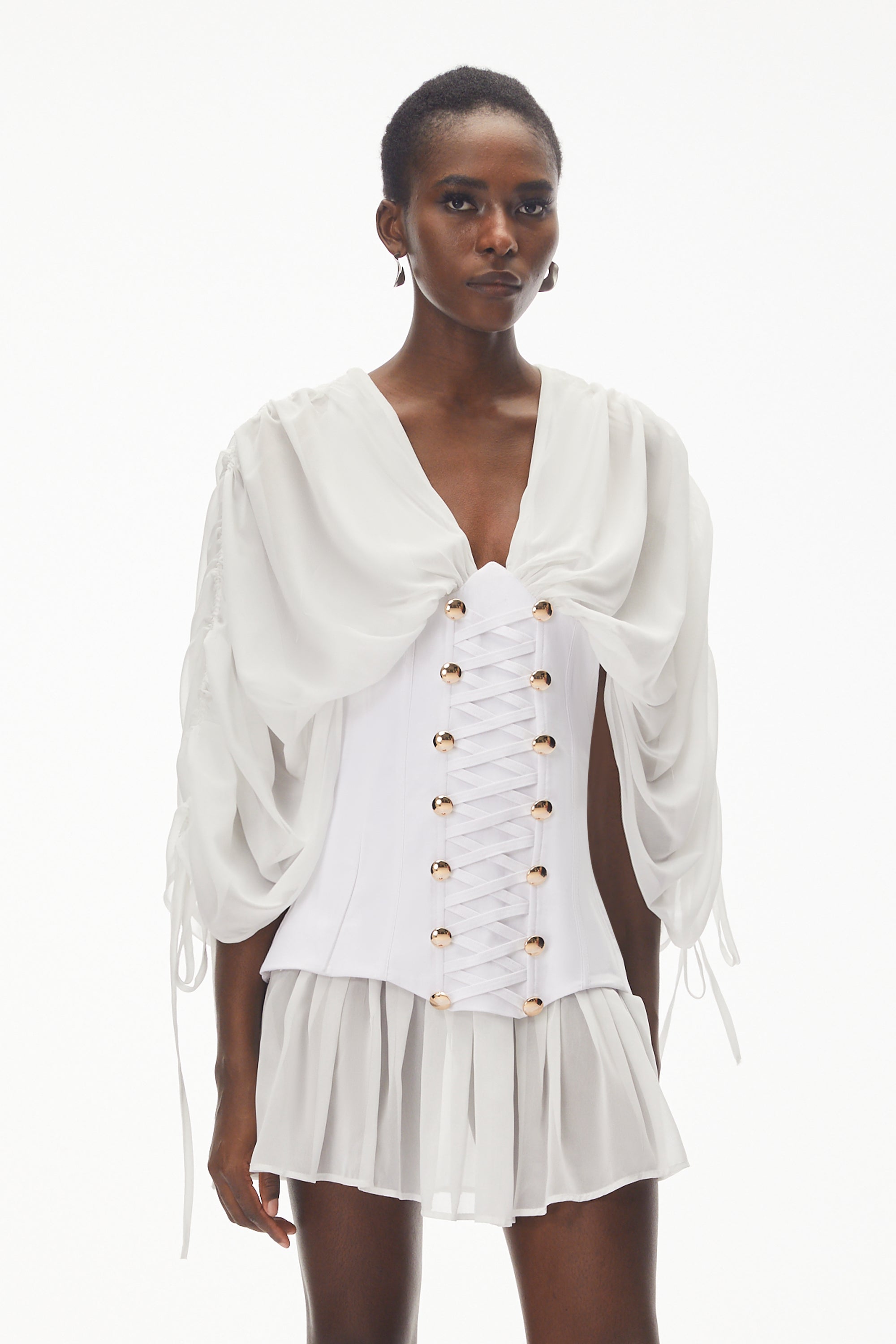 Jasmine White V-Neck Ruched Mini Dress