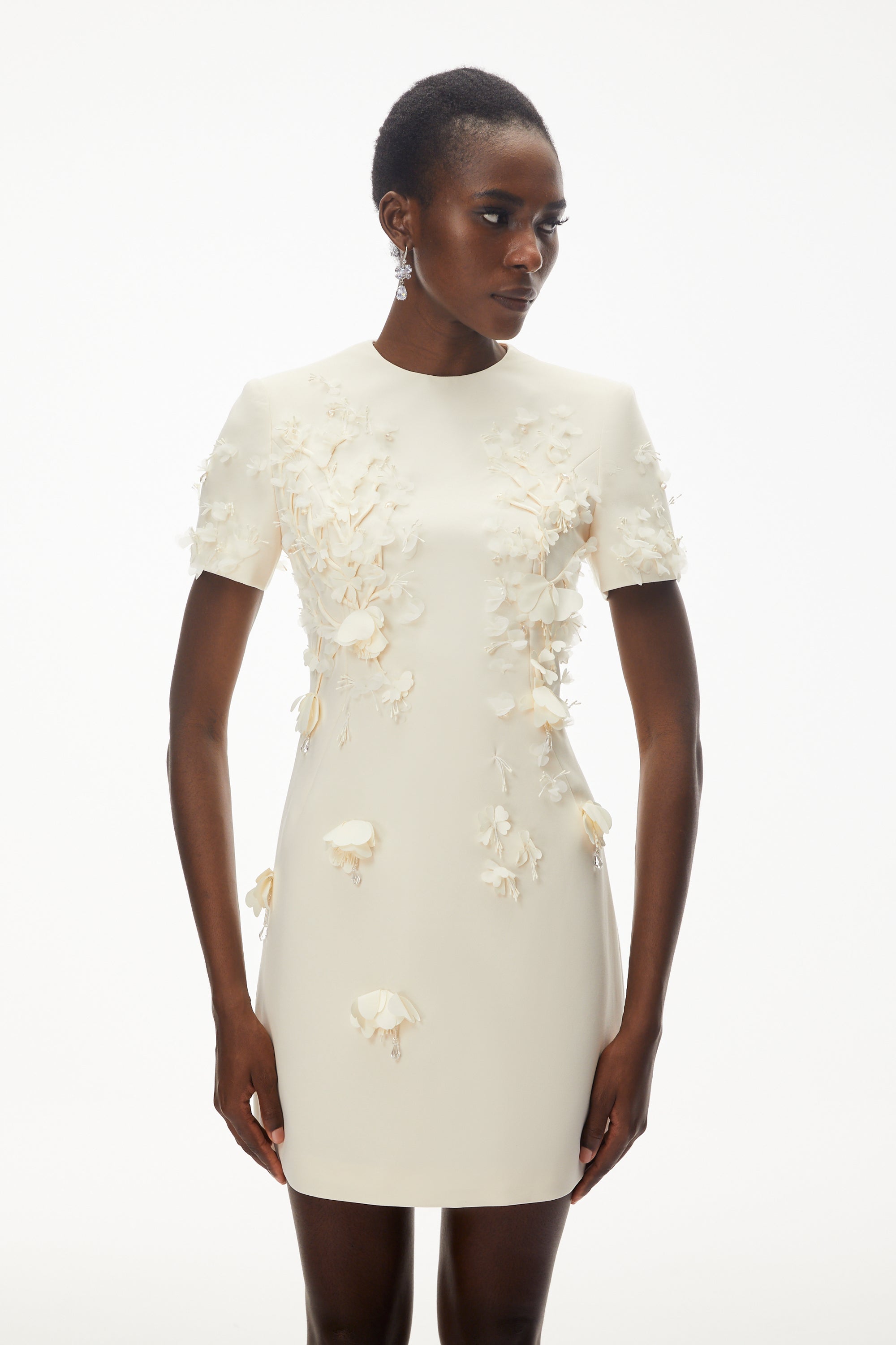 Skye Ivory Round Neck Mini Dress with Floral Applique (Final Sale)