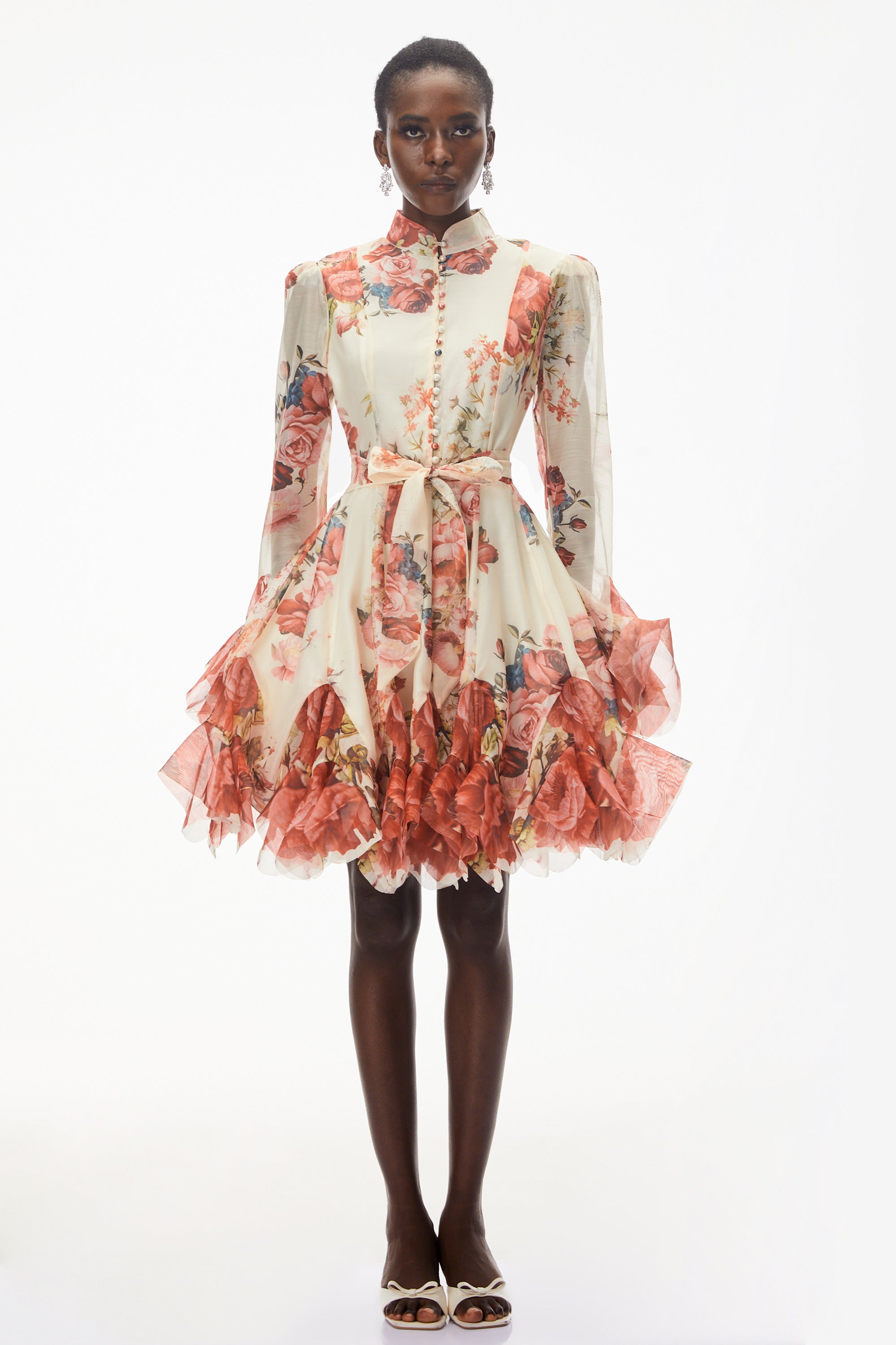 Omphale Cream Floral Lace Mini Dress with Tie-Front