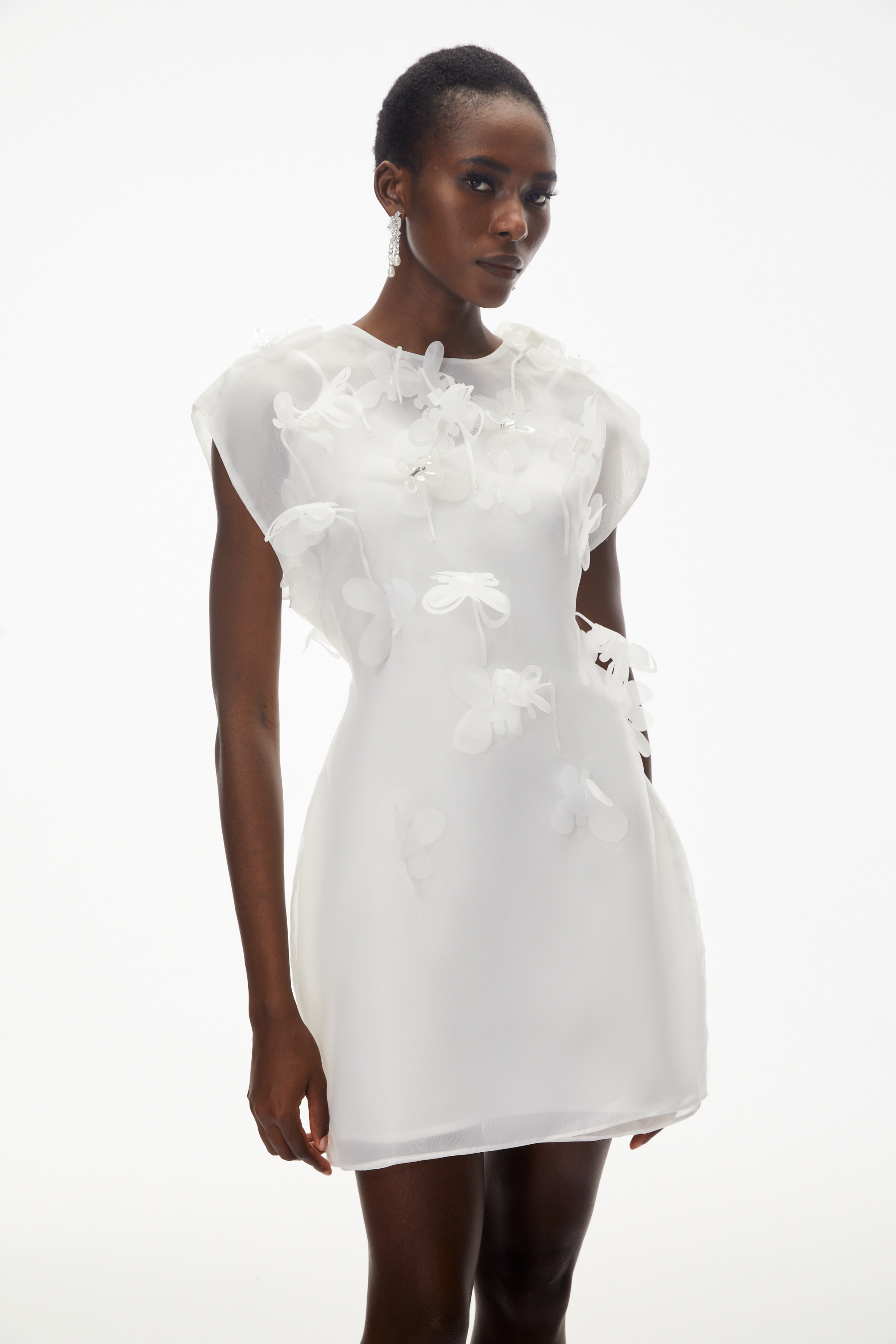 Maryam White Chiffon Mini Dress with 3D Petals