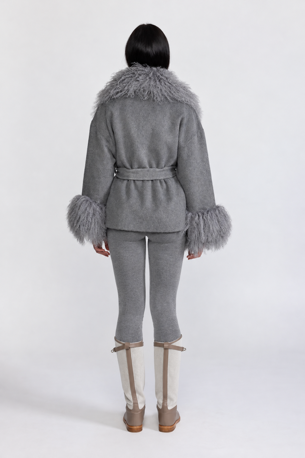 Odette Grey Belted Wool Jacket With Curly Fur-Effect Collar And Cuffs
