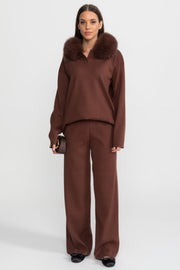 Elodie Brown Knit Lounge Co-Ord Set with Fox Fur Collar