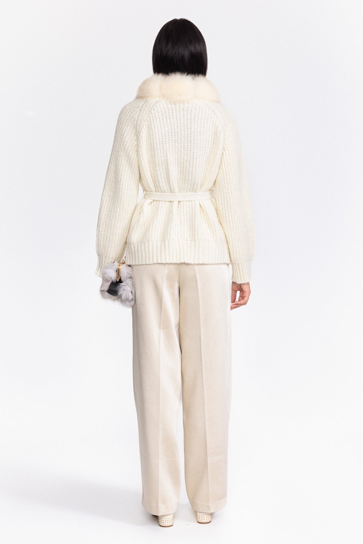 Fox Fur Collar Chunky Knit Belted Cardigan - Off-White