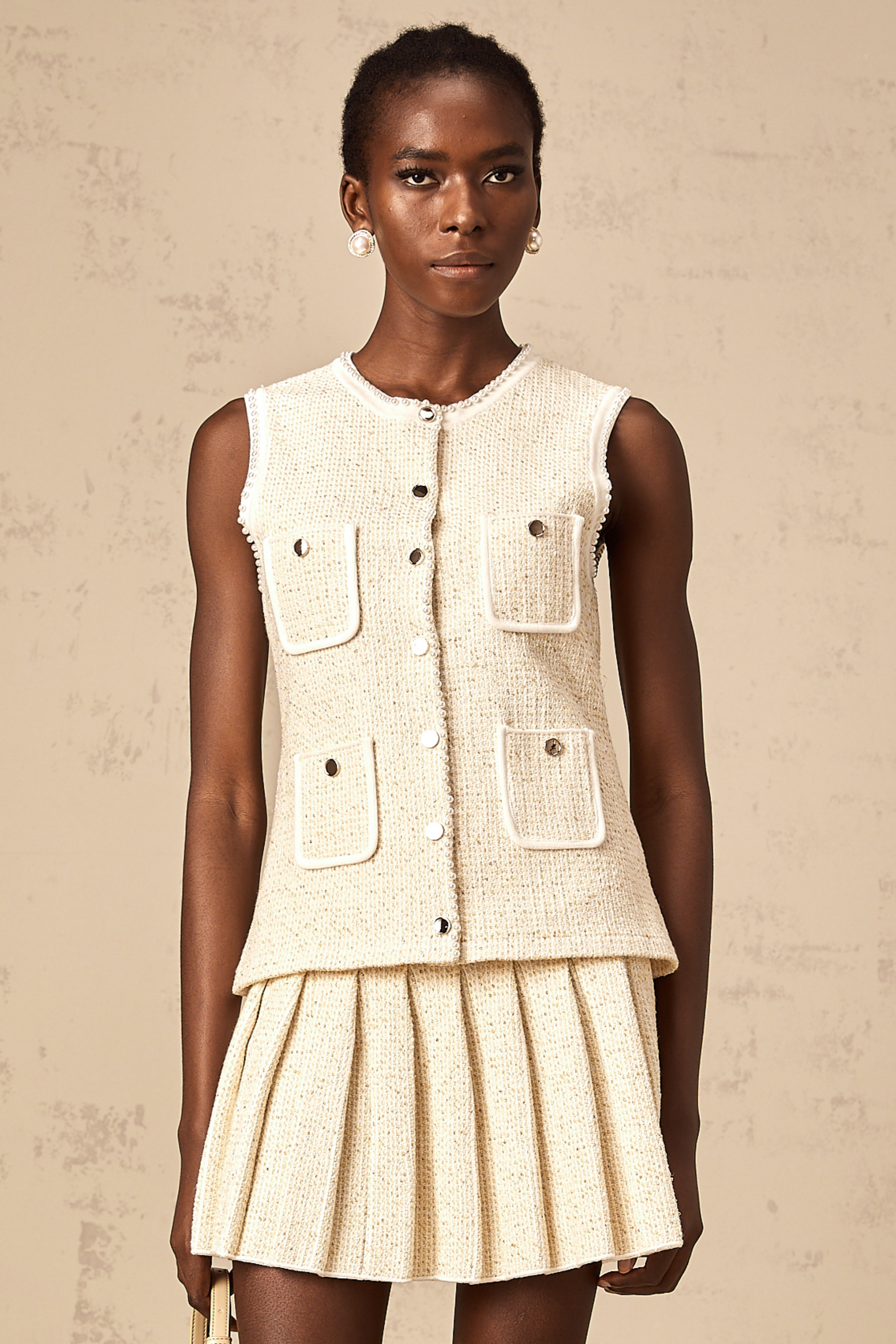 Hélène beige sequined knit vest top & skirt matching set