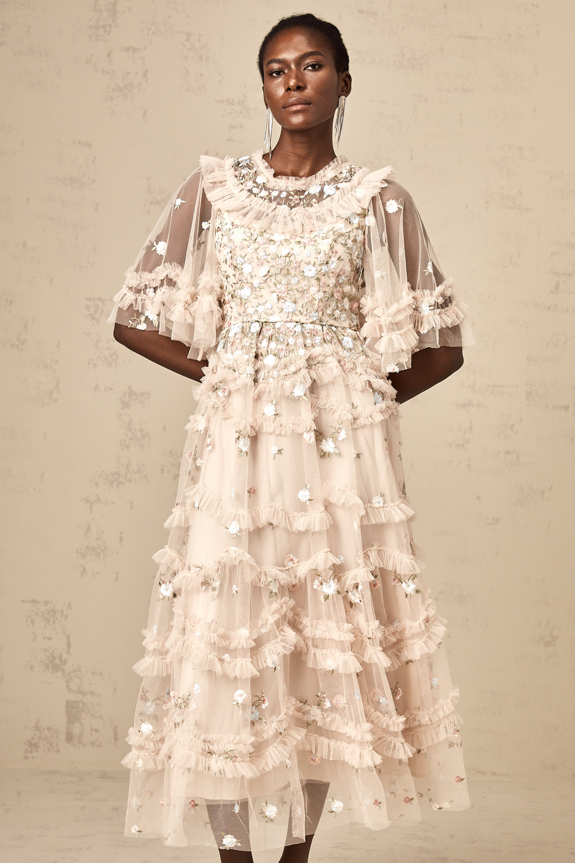 Kévina floral-embroidered tiered ruffled midi dress (Final Sale-US Only)