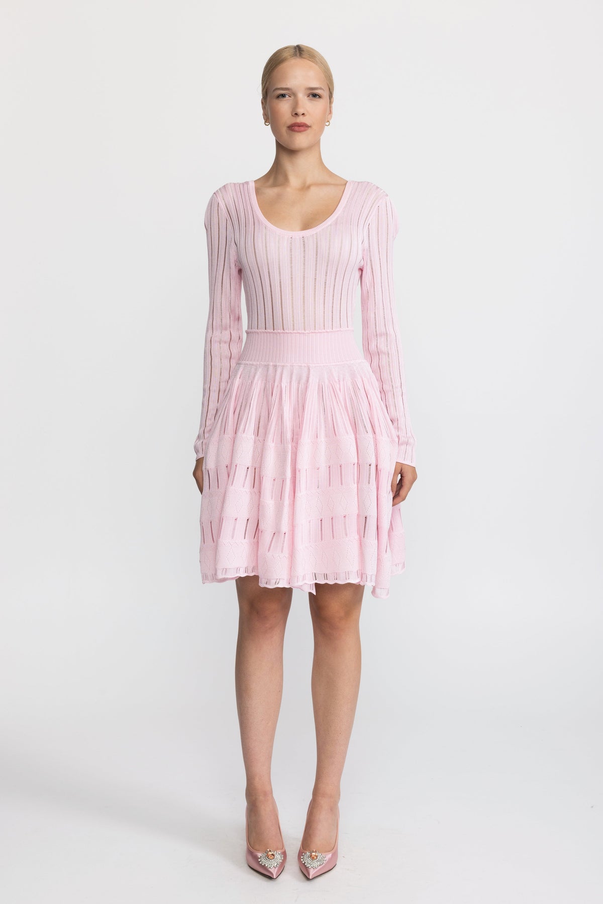 Ladder Knit Scoop Neck Skater Mini Dress - Pink