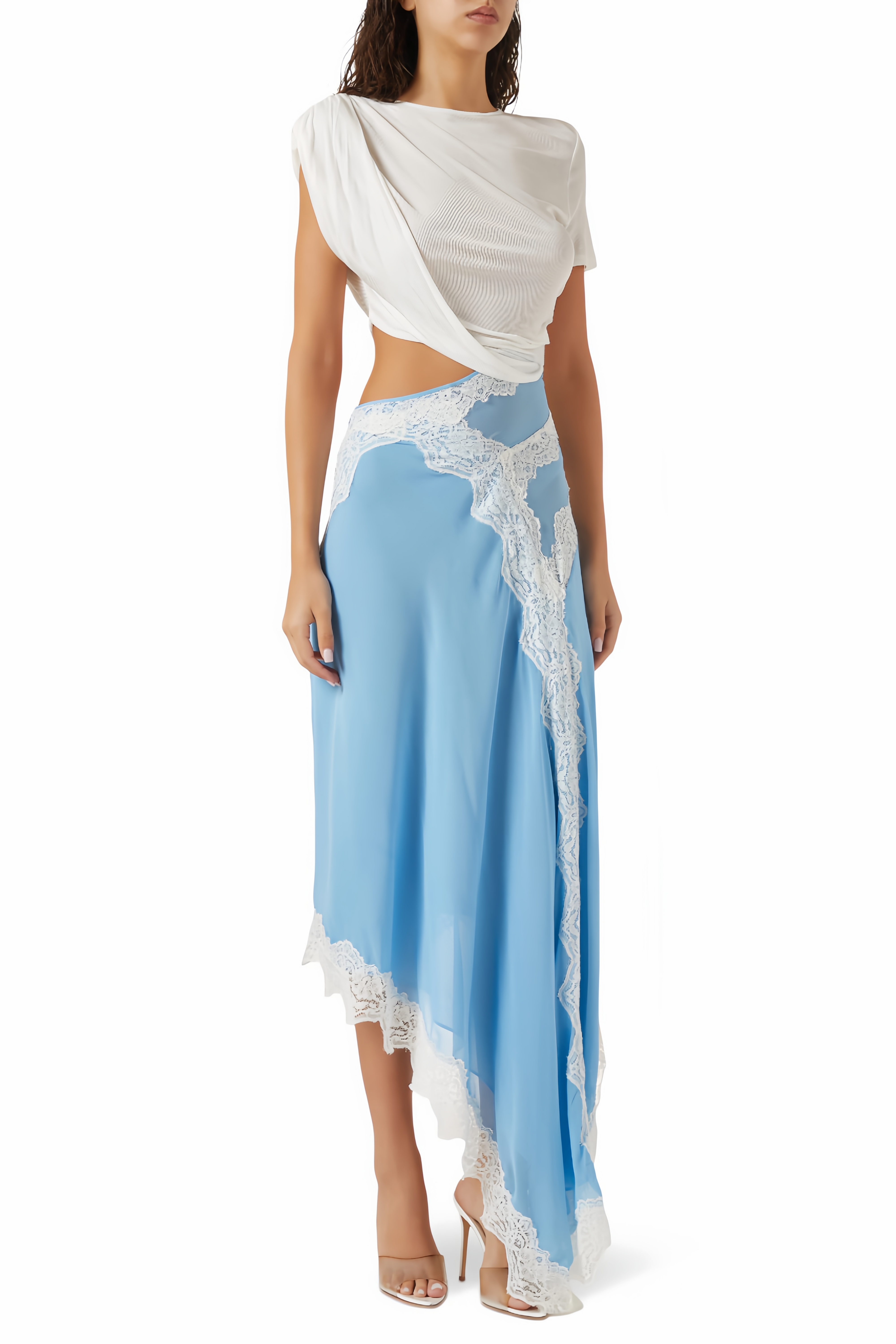 Fiamma Blue Gathered Lace Panel Maxi Dress