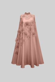 Sleeveless Floral A-Line Dress With High Collar And Textured Embellishments - Pink
