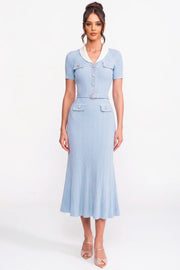 Ophelie Light Blue Ribbed Knit Midi Dress With White Collar And Pearl Belt