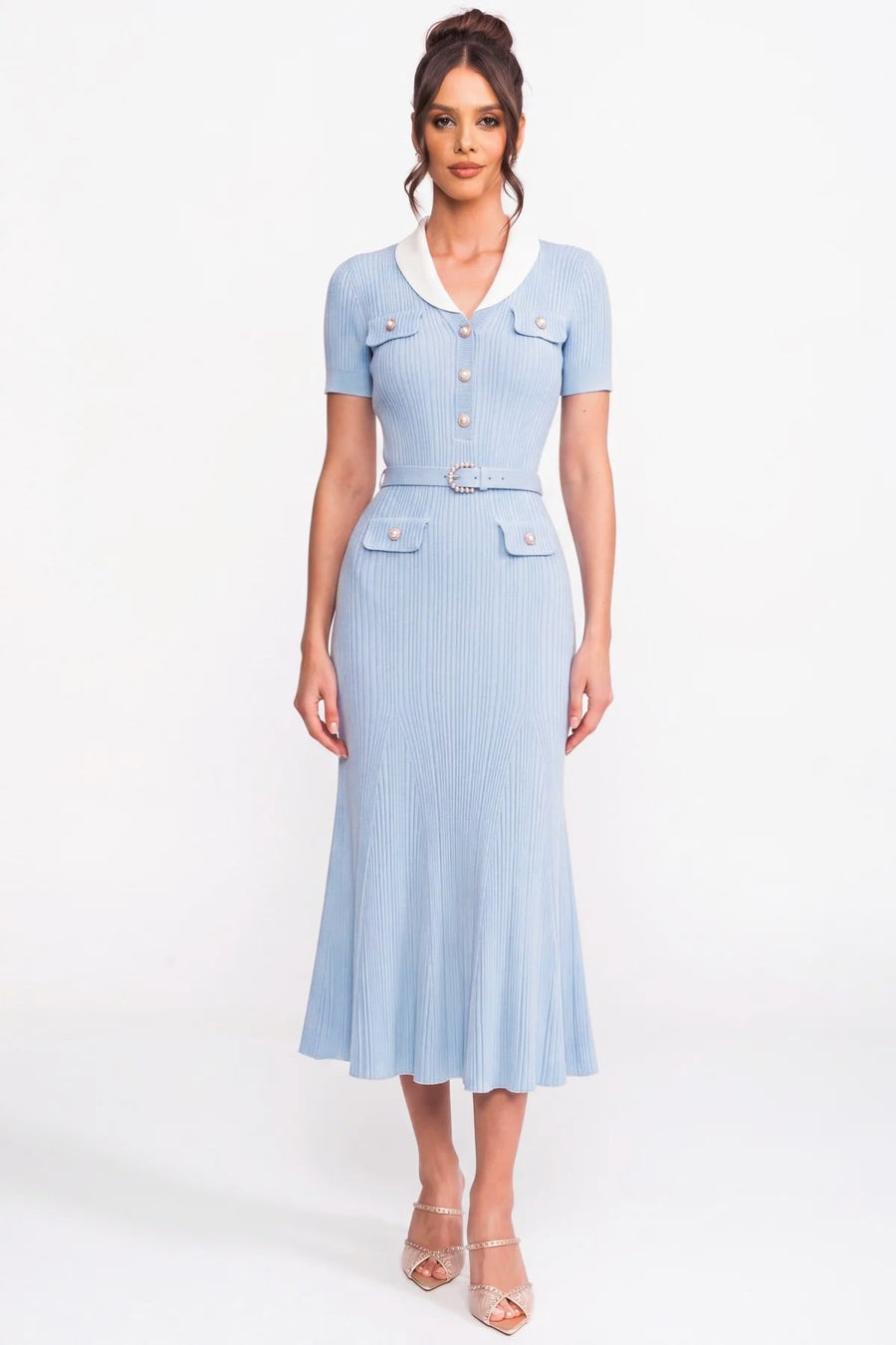 Ophelie Light Blue Ribbed Knit Midi Dress With White Collar And Pearl Belt