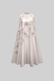 Sleeveless Floral A-Line Dress With High Collar And Textured Embellishments - White