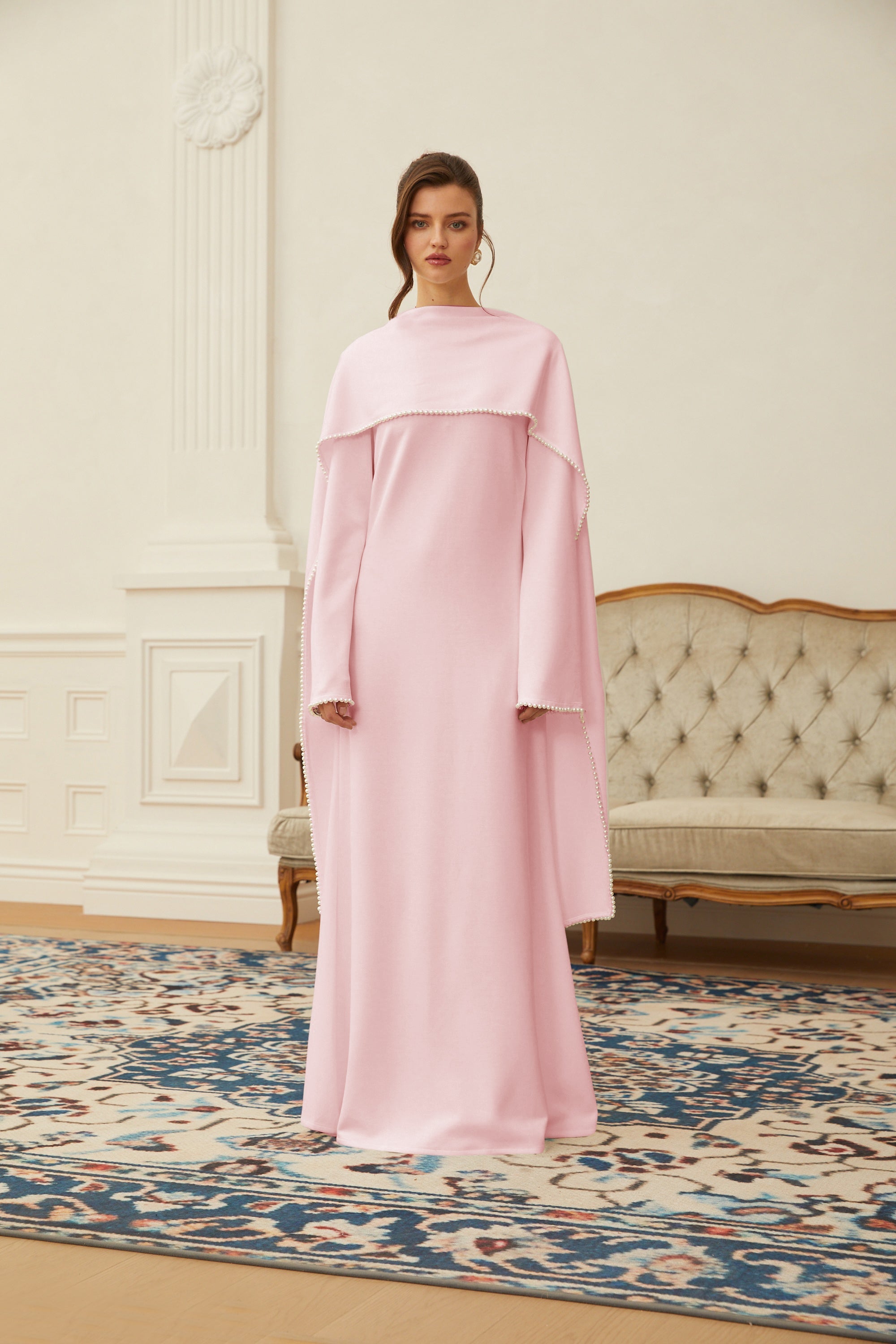 Piroska Pink Pearl Trim Shawl Detail Maxi Dress