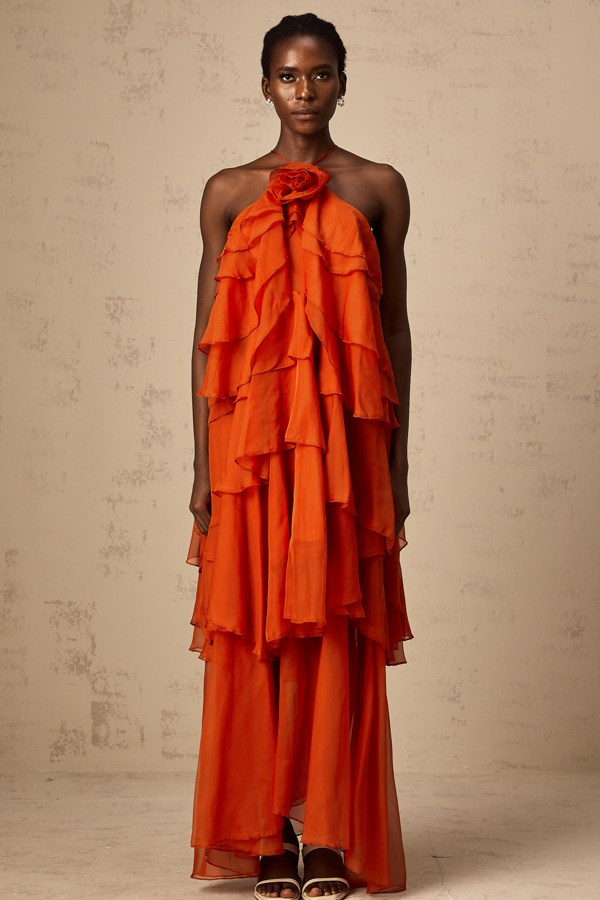 Carrie orange halterneck flounced maxi dress (Final Sale-US Only)