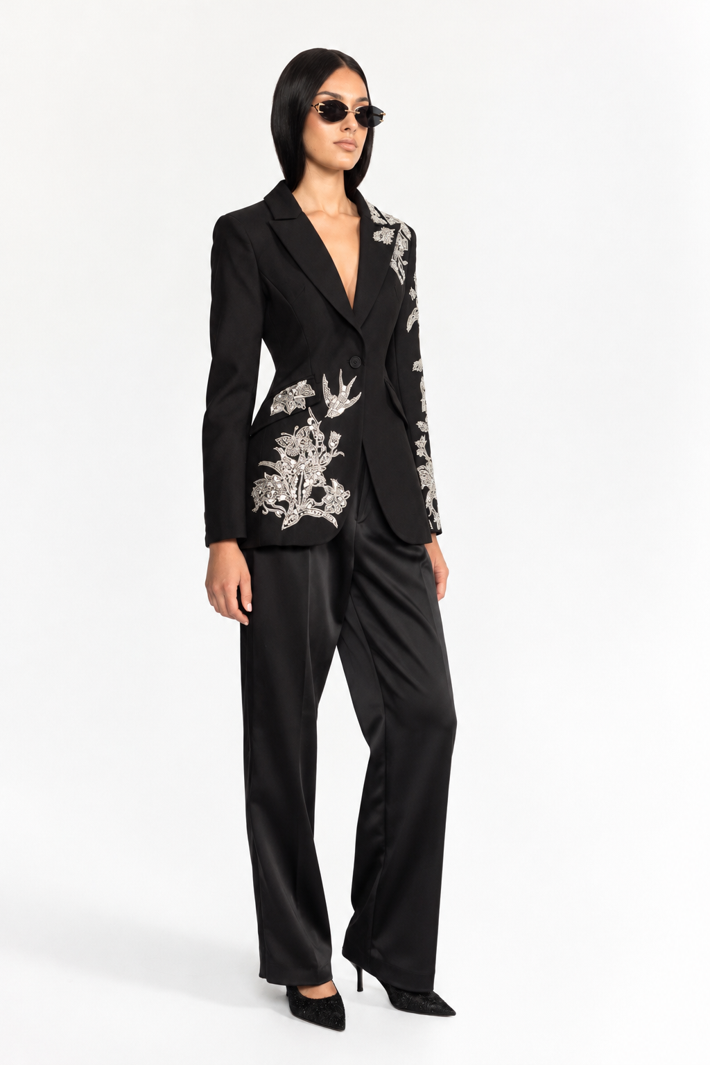Noëlle Black Sequin Bird Embroidered Tailored Blazer