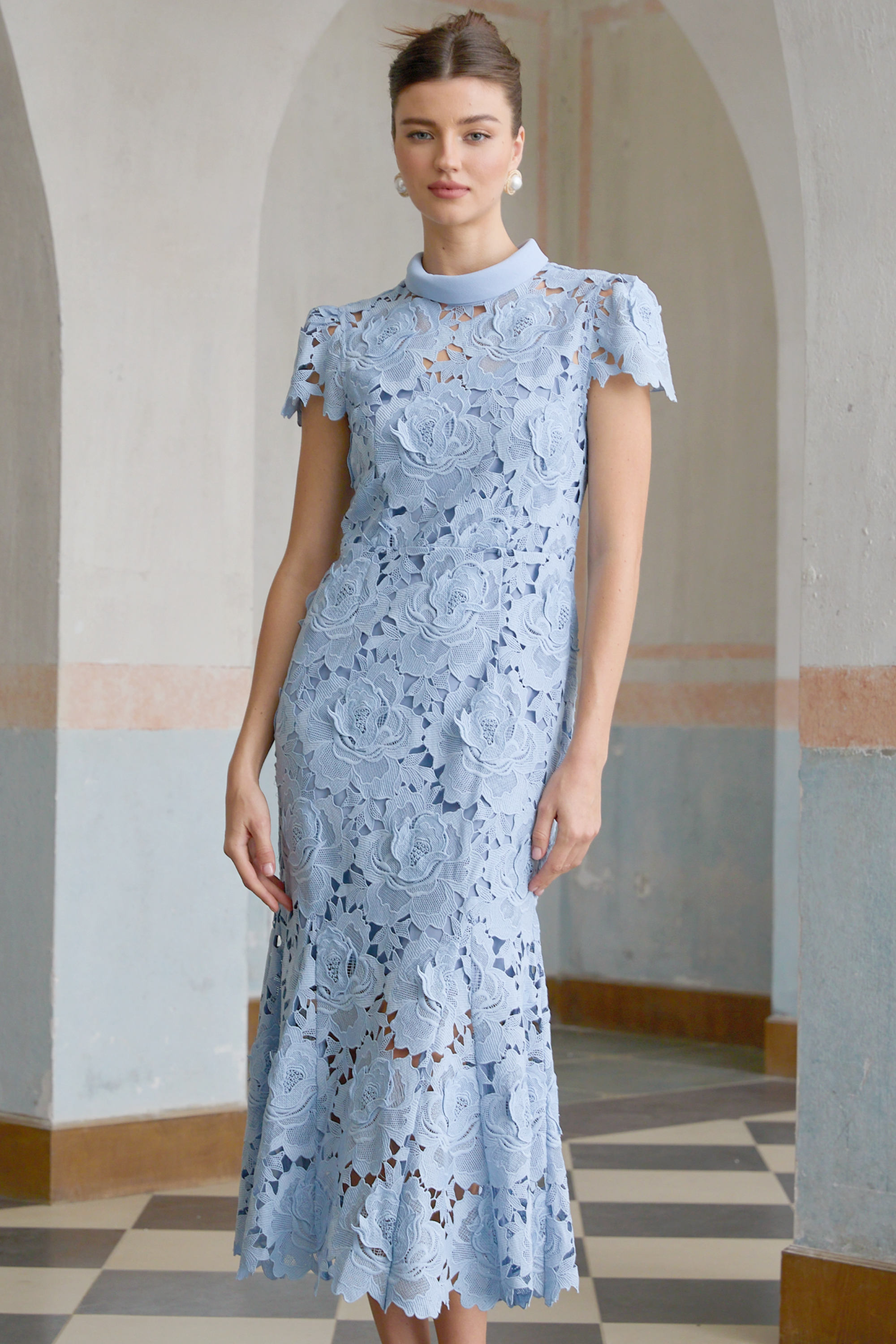 Aurore Blue Floral Appliqué Lace Midi Dress (Final Sale-US Only)