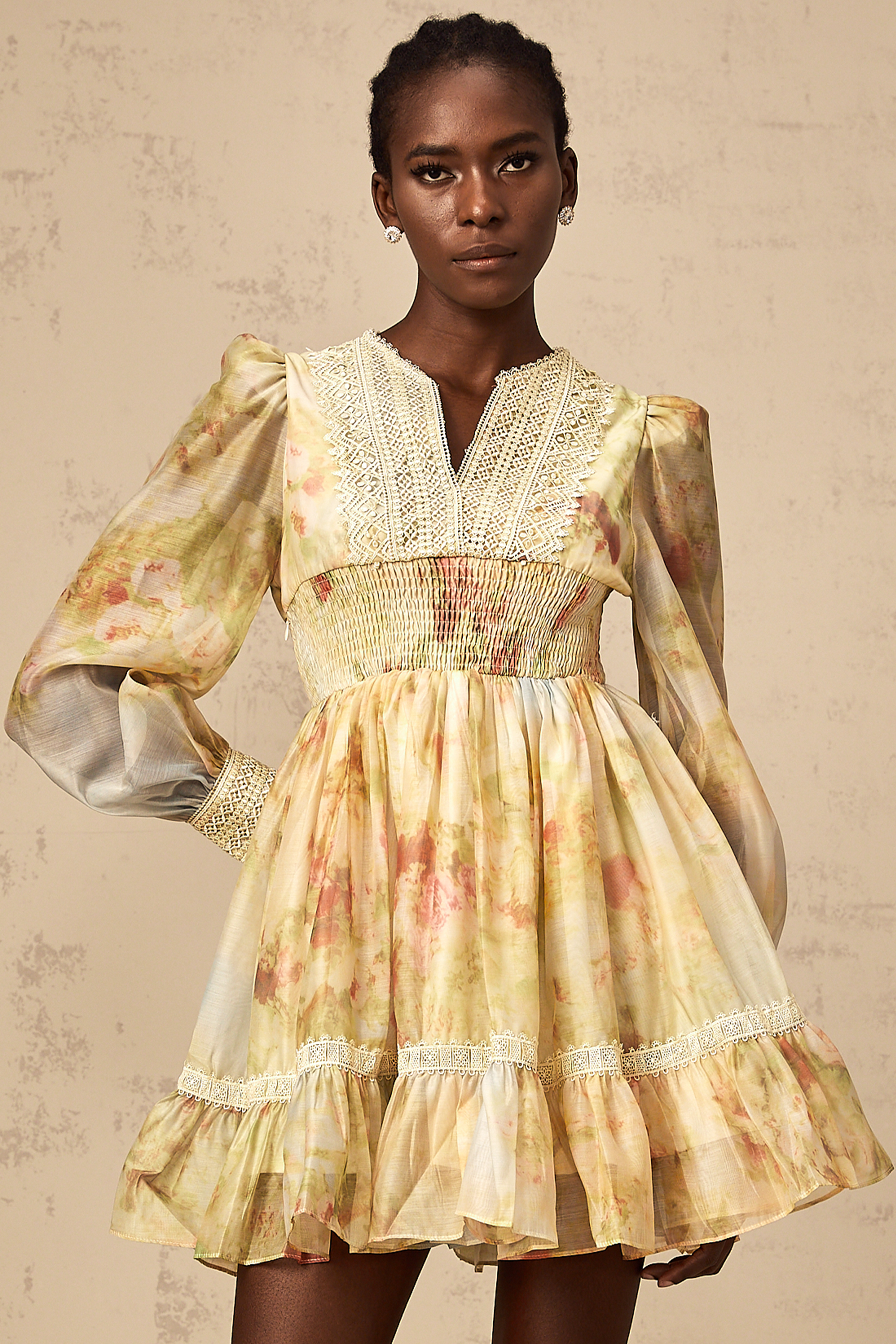 Olivia yellow lace-panelling floral-print mini dress